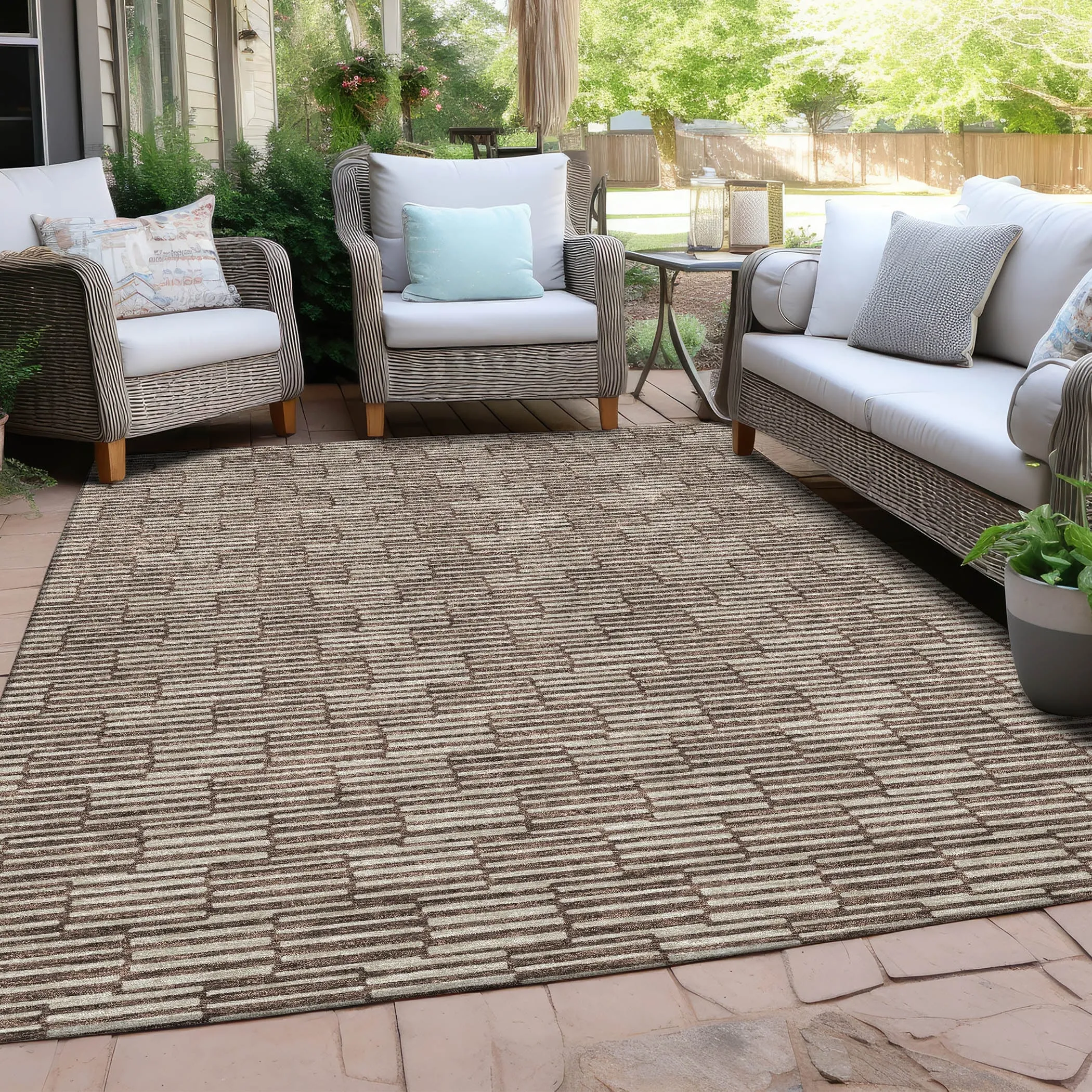 Machine Washable Indoor/ Outdoor Chantille Stripe Blocks Rug