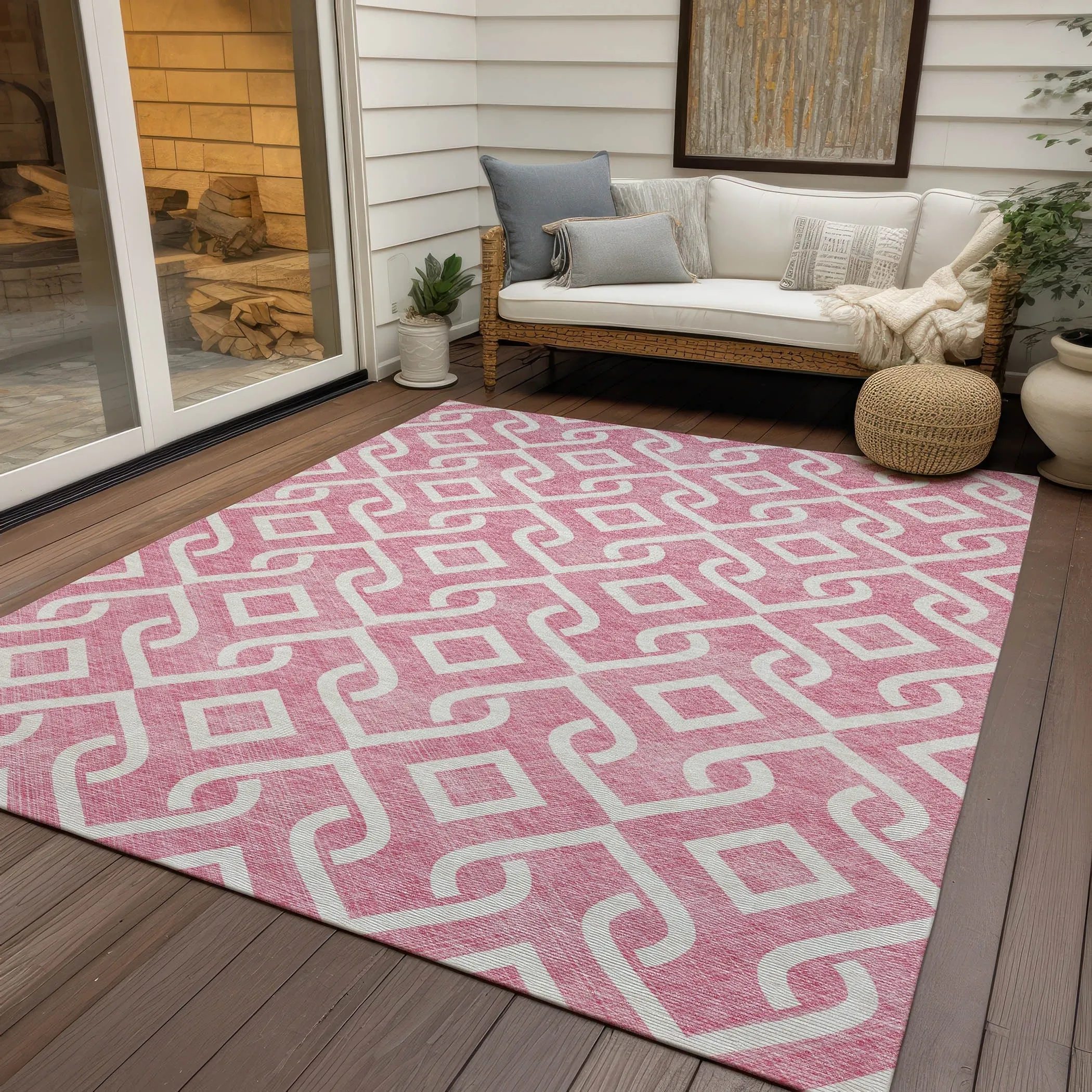 Machine Washable Indoor/ Outdoor Chantille Trellis Scroll Rug