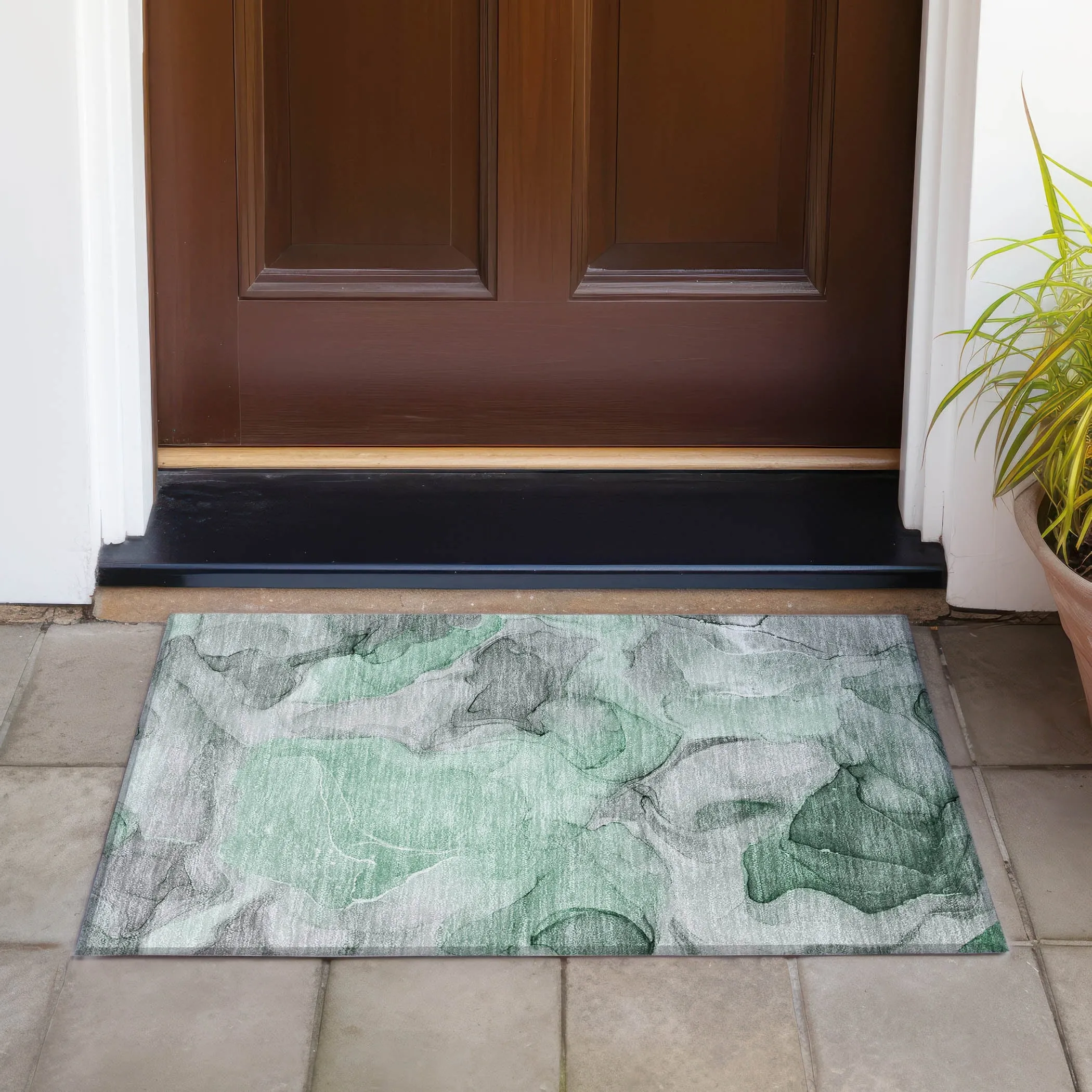 Machine Washable Indoor/ Outdoor Chantille Watercolor Green Rug