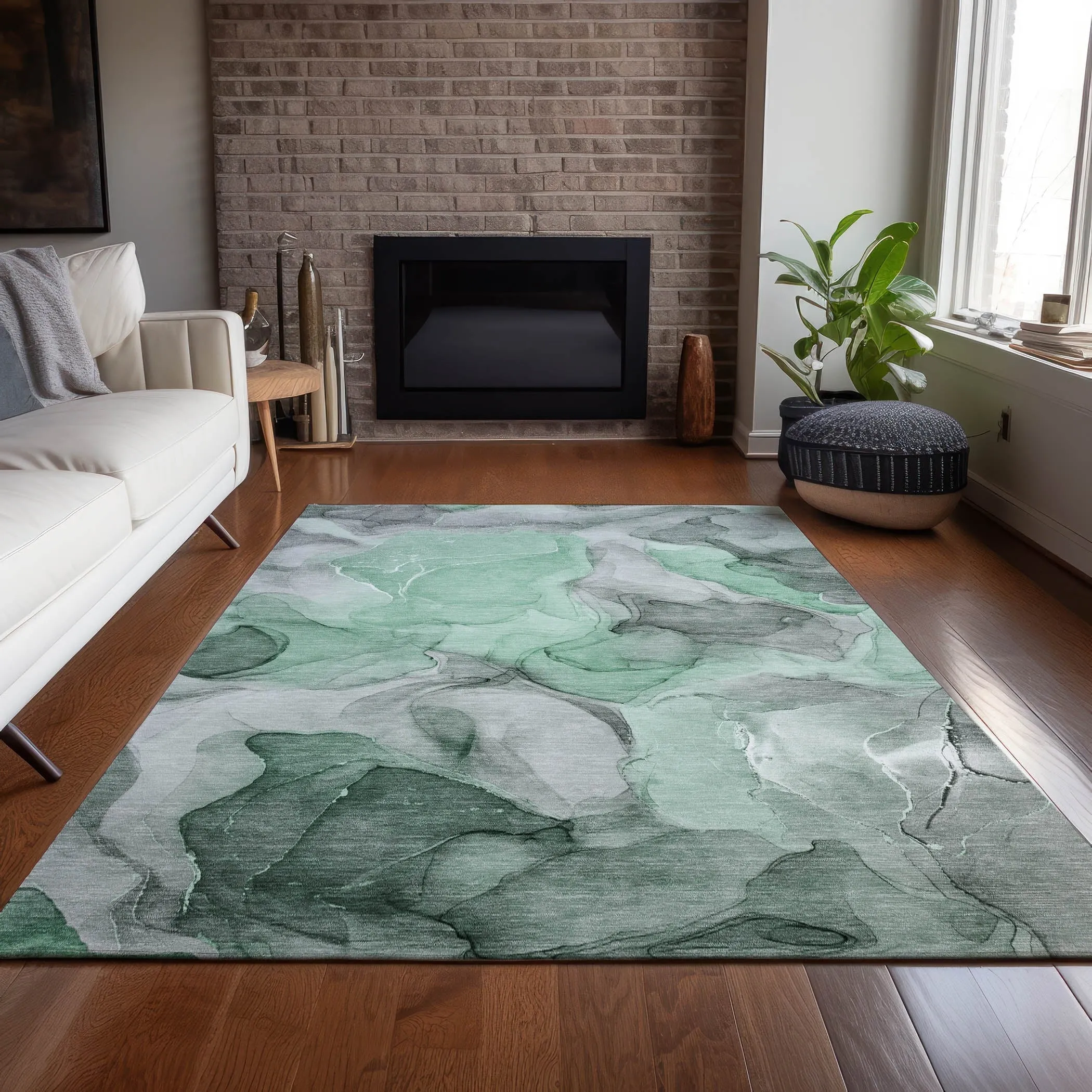 Machine Washable Indoor/ Outdoor Chantille Watercolor Green Rug