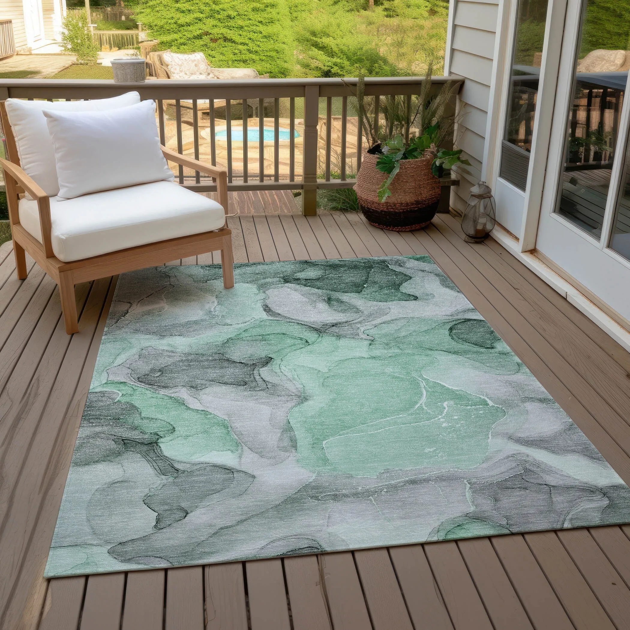 Machine Washable Indoor/ Outdoor Chantille Watercolor Green Rug