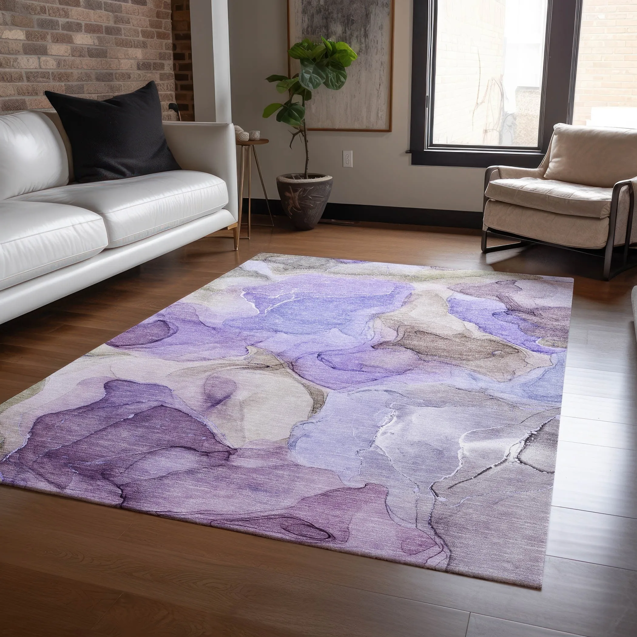 Machine Washable Indoor/ Outdoor Chantille Watercolor Purple Rug