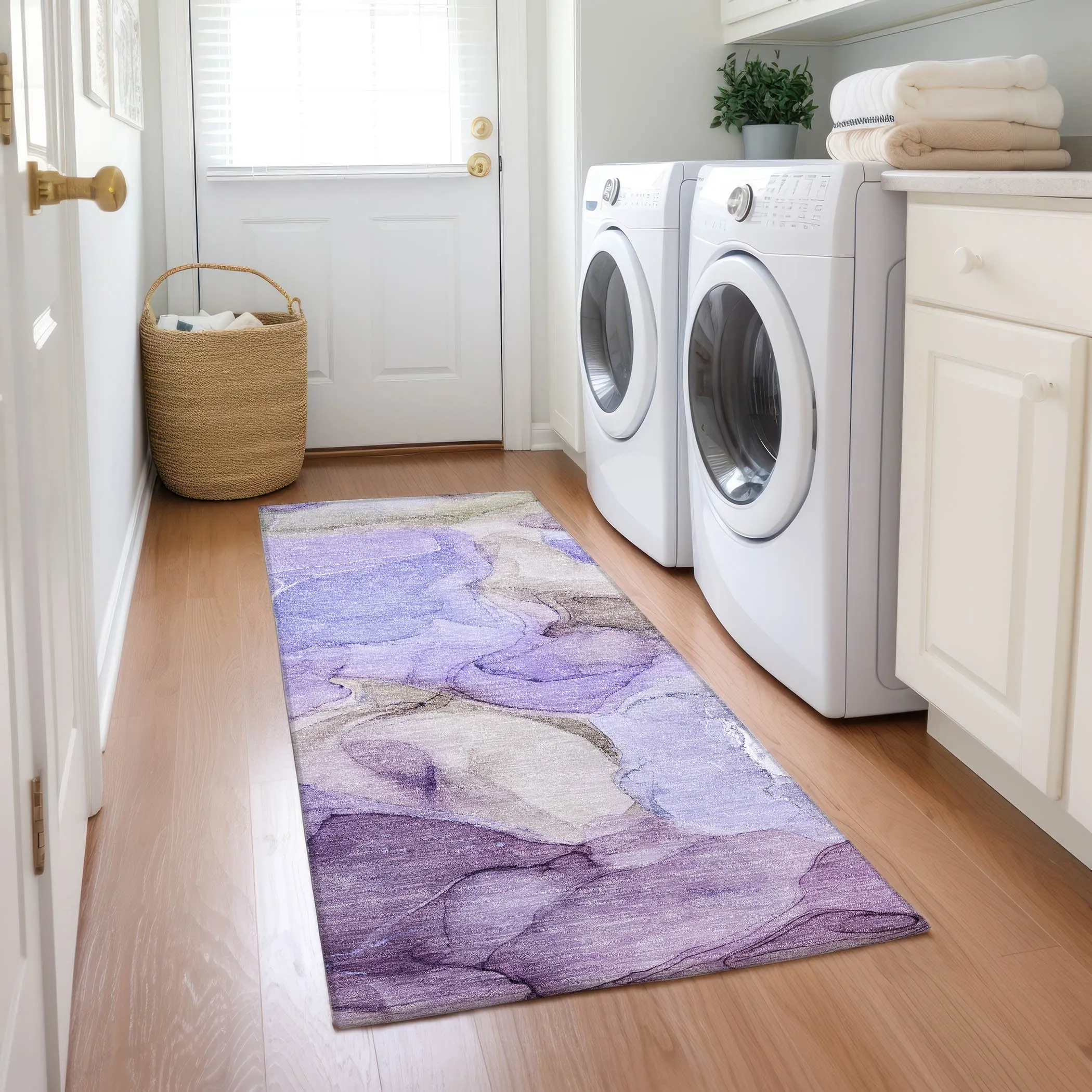 Machine Washable Indoor/ Outdoor Chantille Watercolor Purple Rug