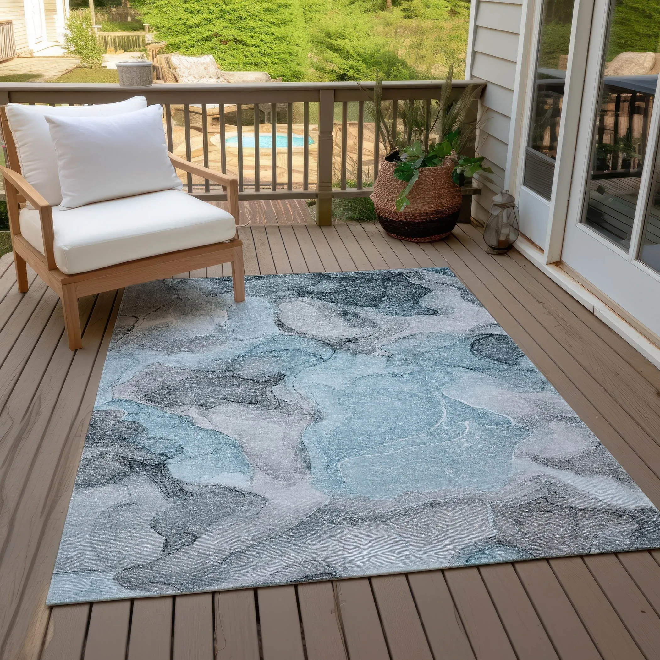Machine Washable Indoor/ Outdoor Chantille Watercolor Teal Rug