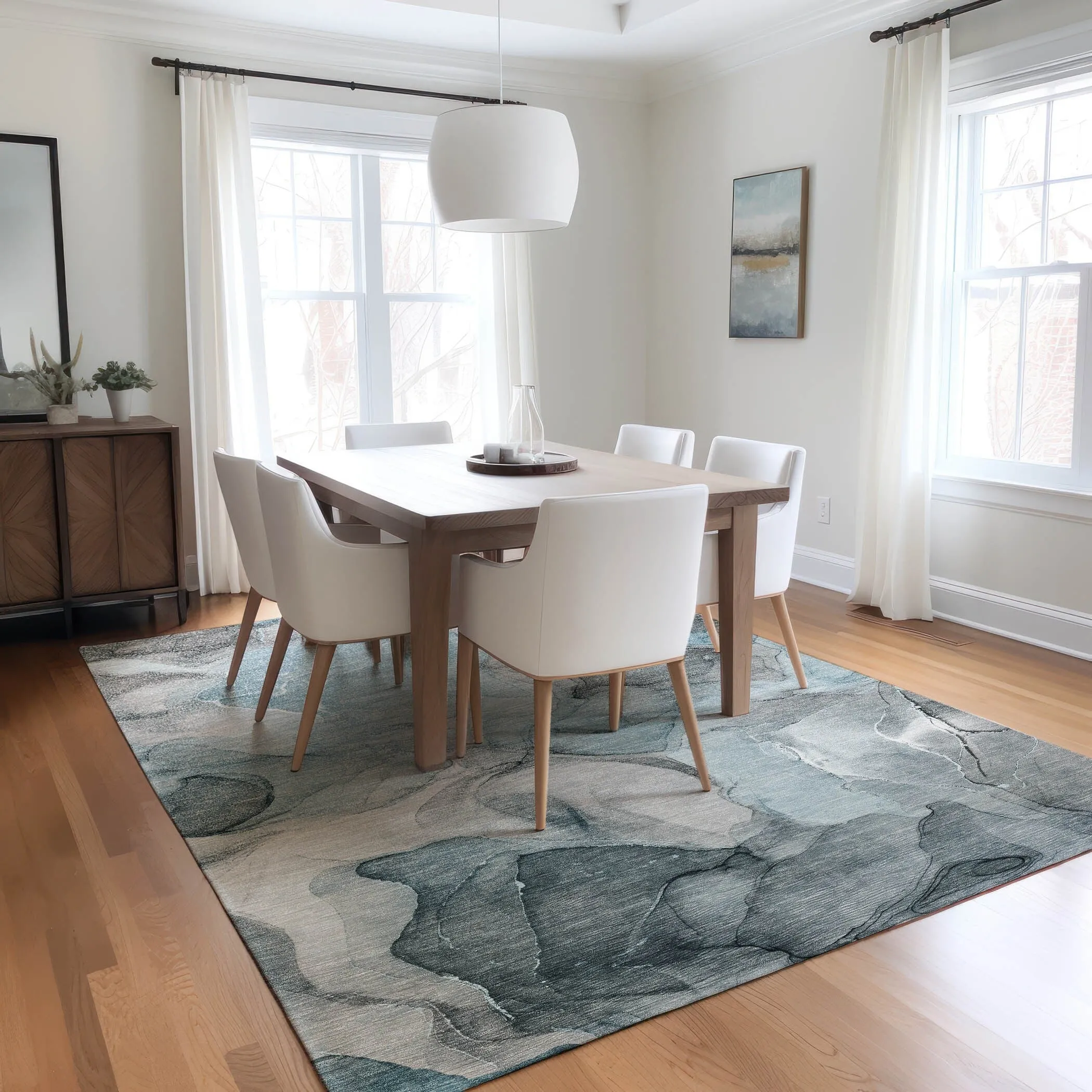 Machine Washable Indoor/ Outdoor Chantille Watercolor Teal Rug
