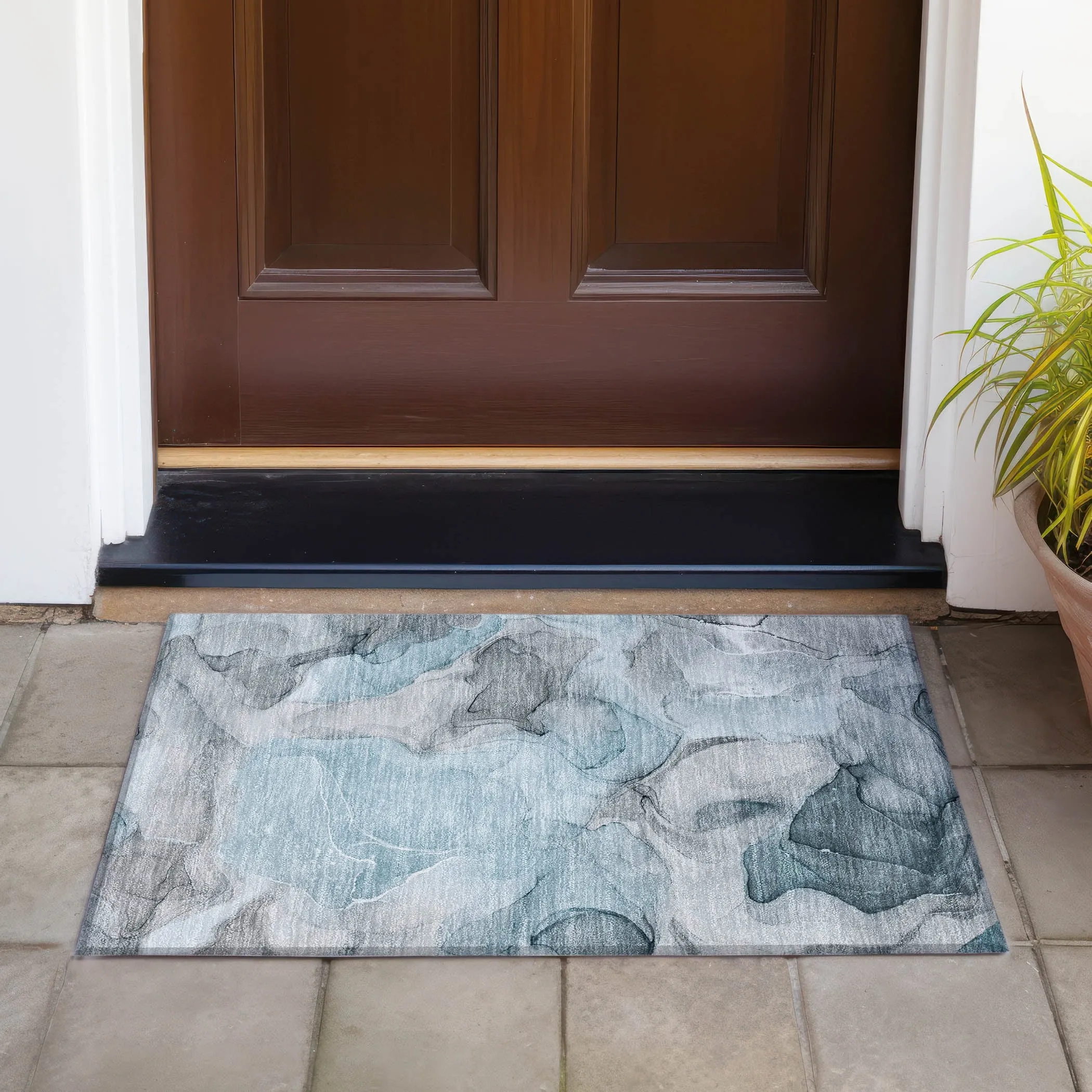 Machine Washable Indoor/ Outdoor Chantille Watercolor Teal Rug
