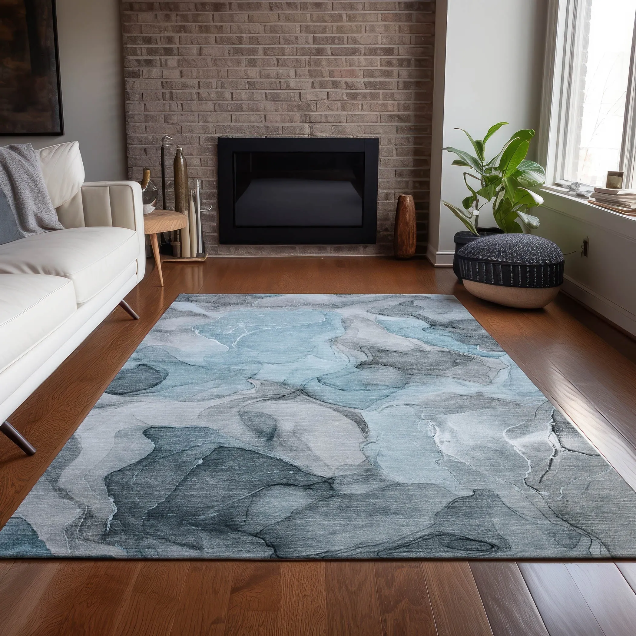 Machine Washable Indoor/ Outdoor Chantille Watercolor Teal Rug