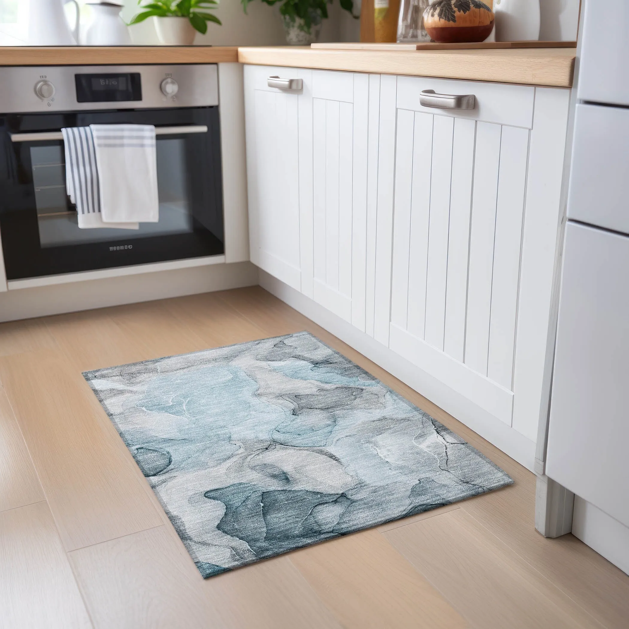Machine Washable Indoor/ Outdoor Chantille Watercolor Teal Rug
