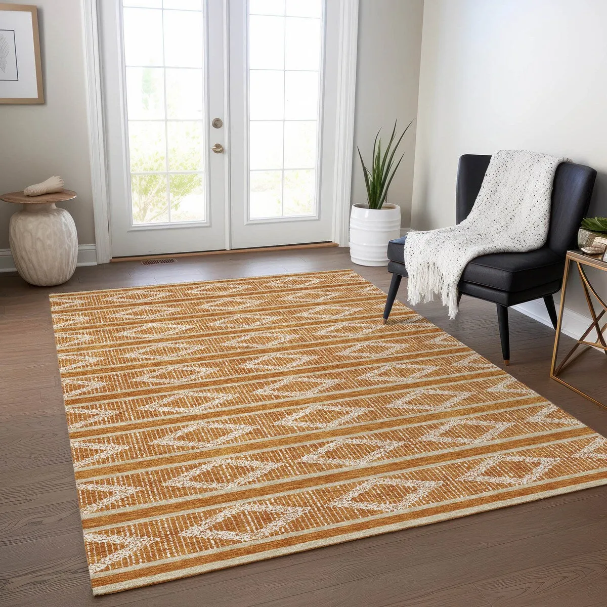 Machine Washable Indoor/ Outdoor Diamond Stripe Chantille Rug