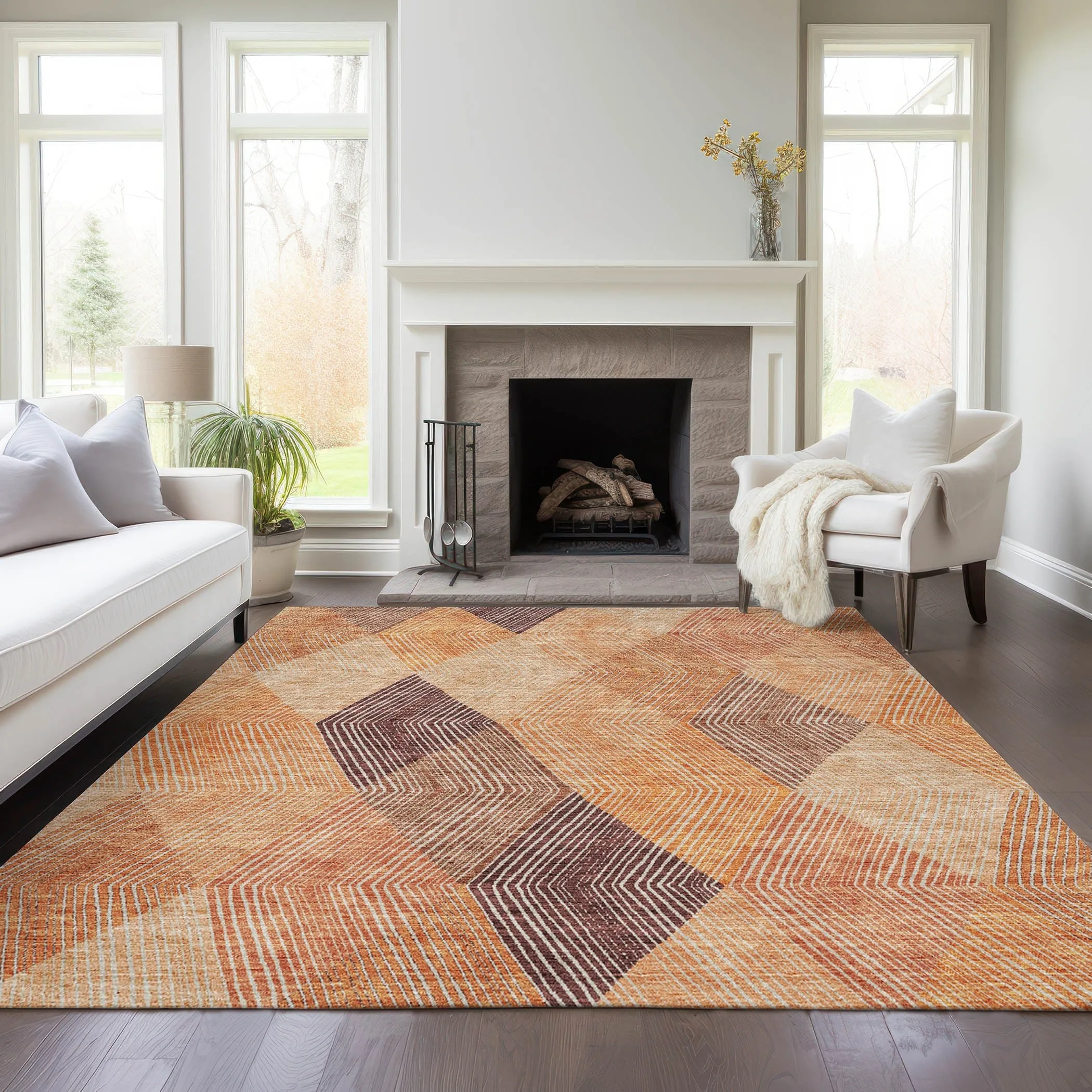 Machine Washable Indoor/ Outdoor Diamond Stripes Chantille Rug
