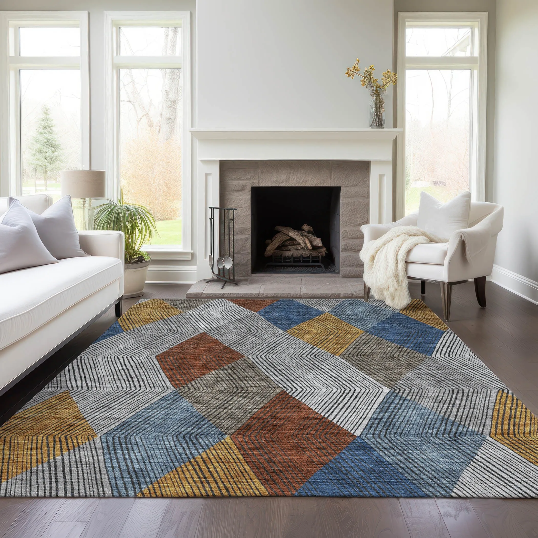 Machine Washable Indoor/ Outdoor Diamond Stripes Chantille Rug