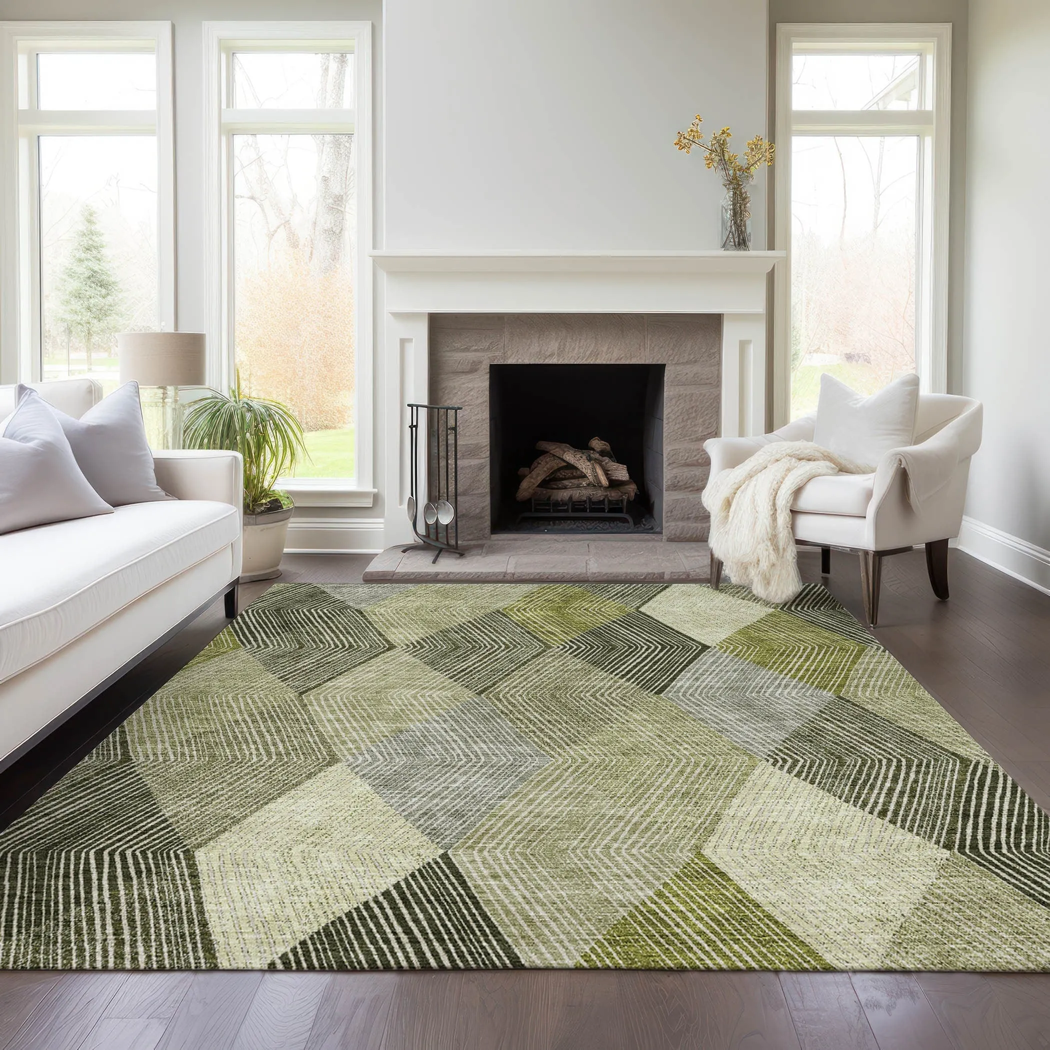 Machine Washable Indoor/ Outdoor Diamond Stripes Chantille Rug