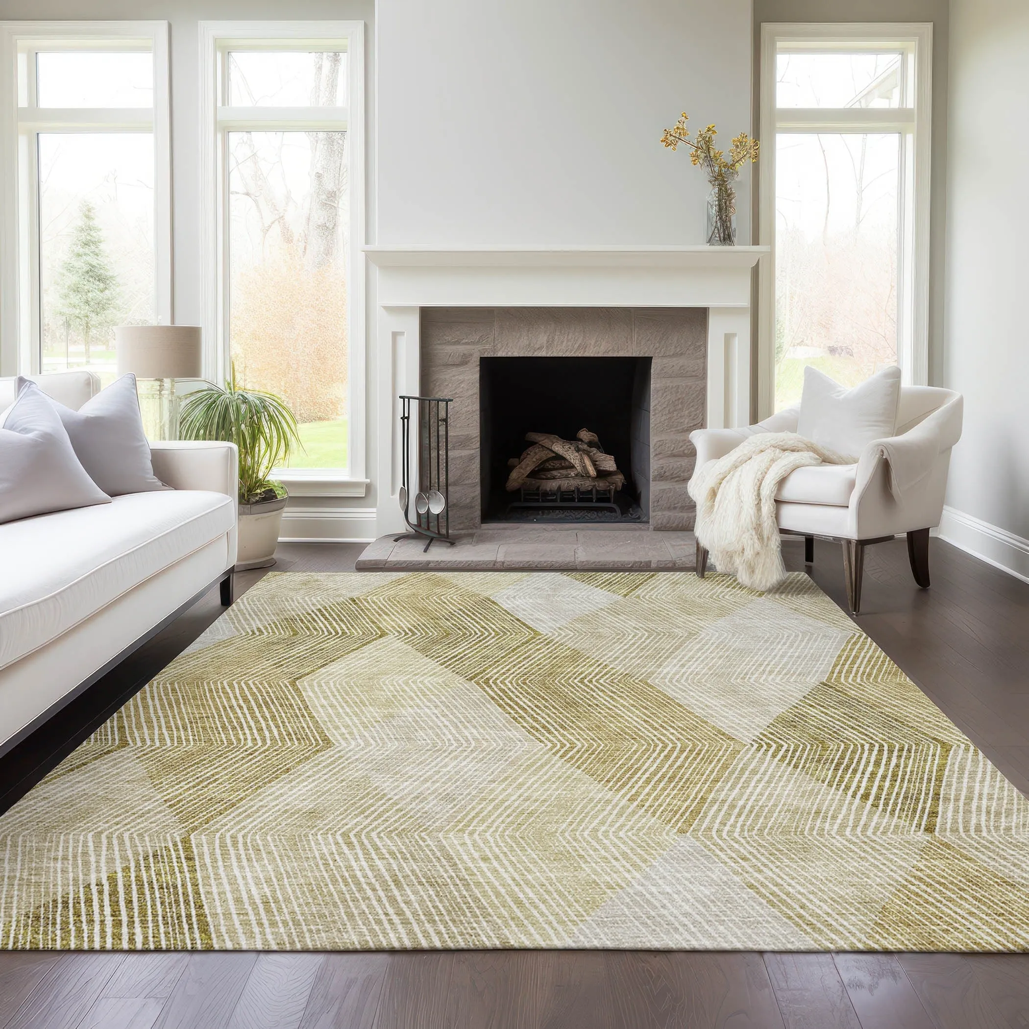 Machine Washable Indoor/ Outdoor Diamond Stripes Chantille Rug