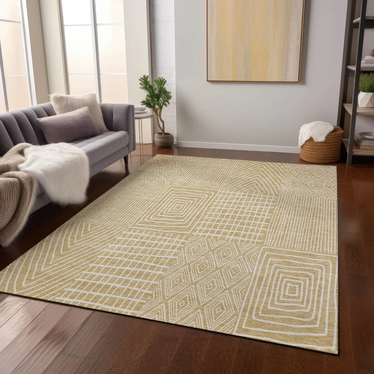 Machine Washable Indoor/ Outdoor Geo Patchwork Chantille Rug