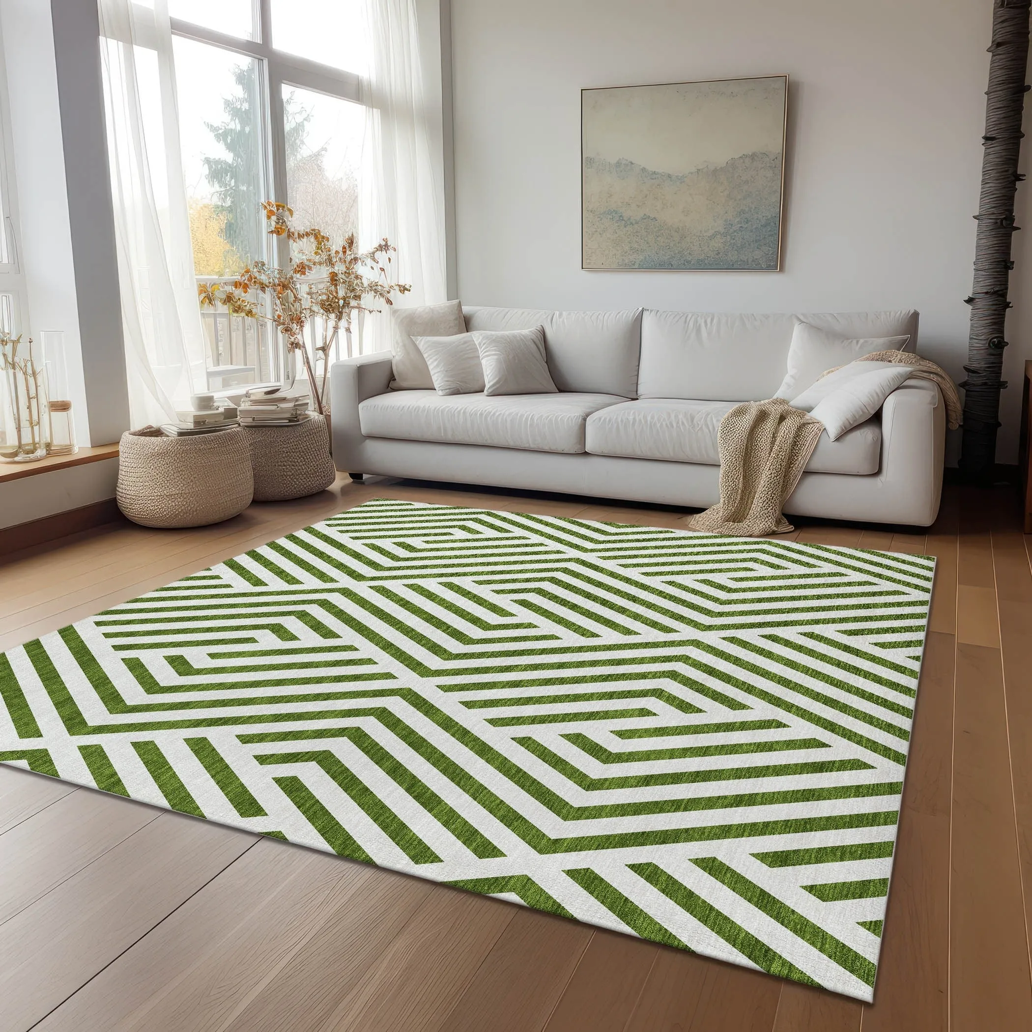 Machine Washable Indoor/ Outdoor Modern Diamonds Chantille Rug
