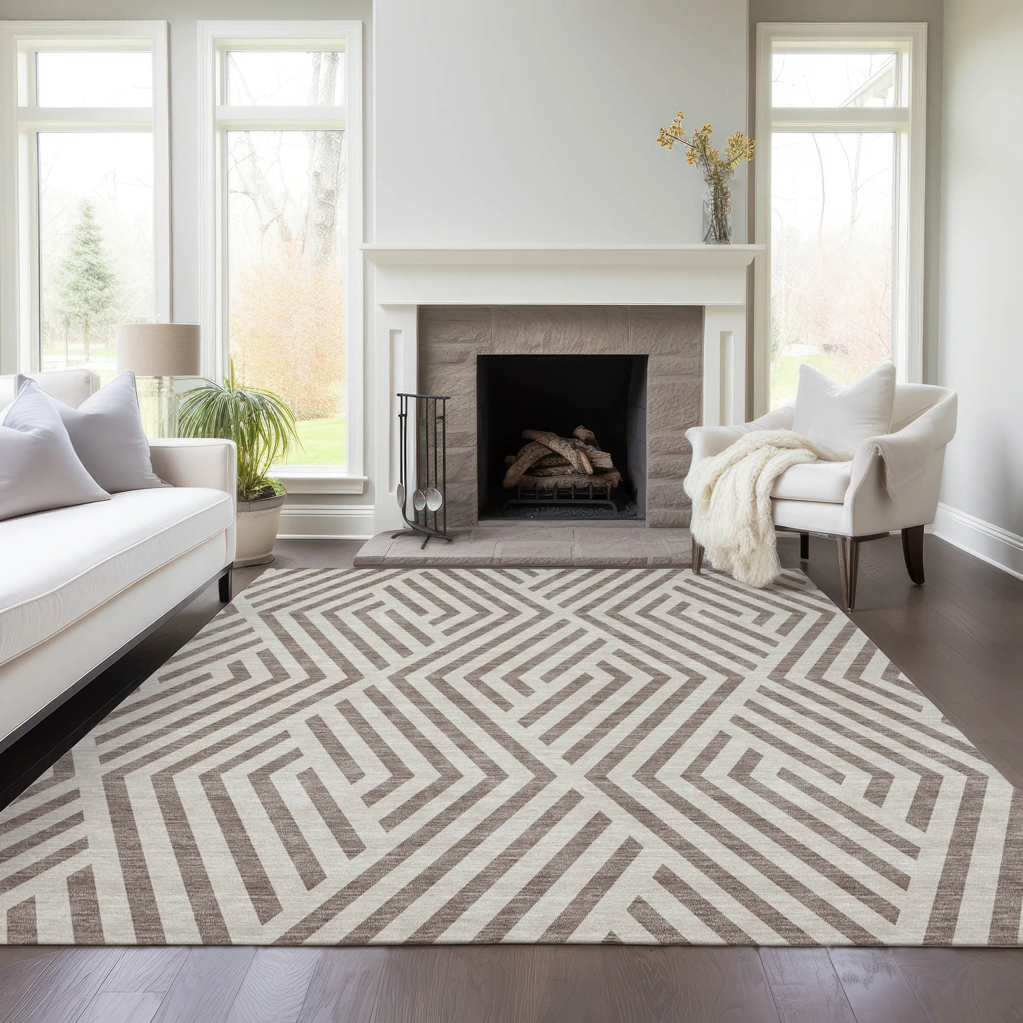 Machine Washable Indoor/ Outdoor Modern Diamonds Chantille Rug