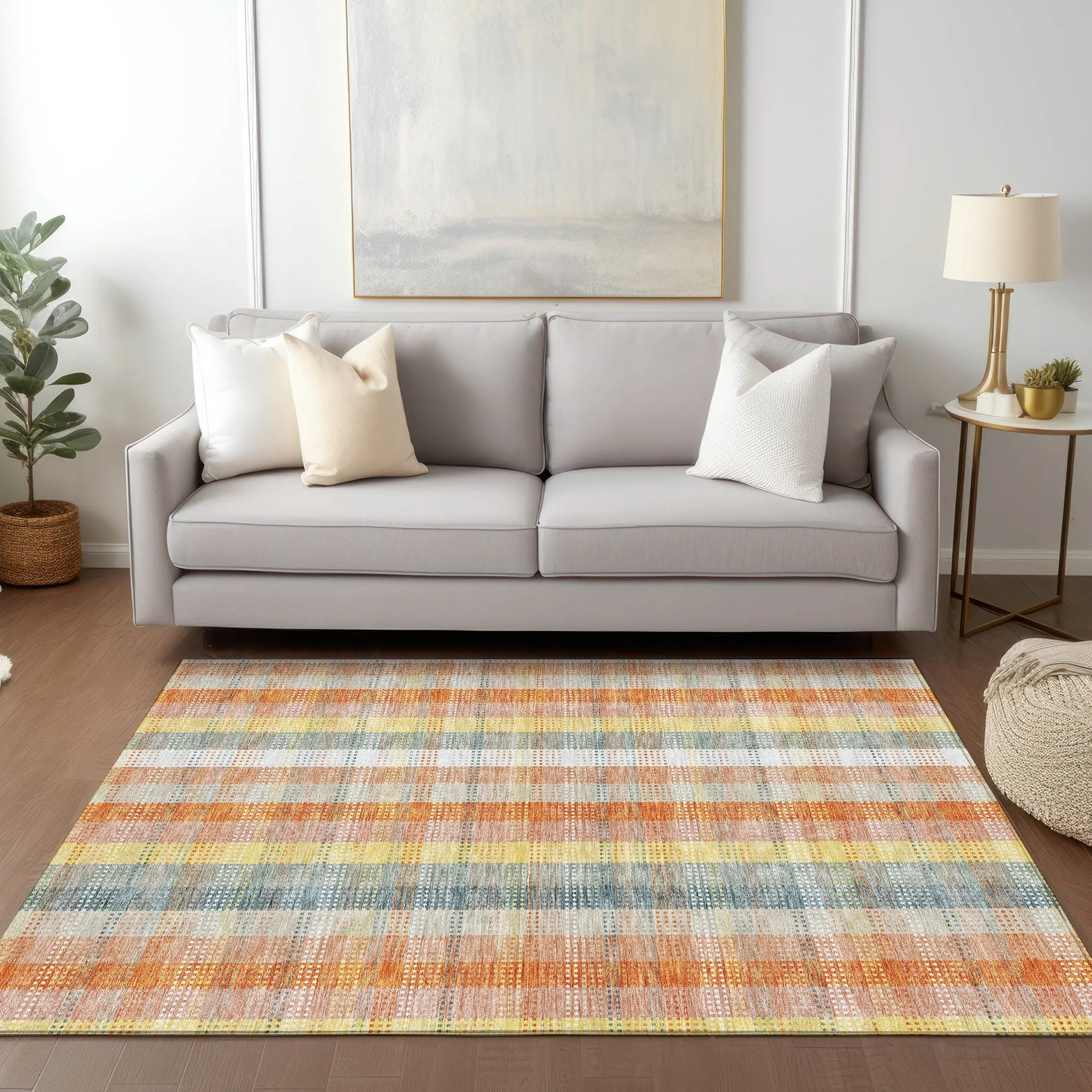 Machine Washable Indoor/ Outdoor Modern Plaid Chantille Rug