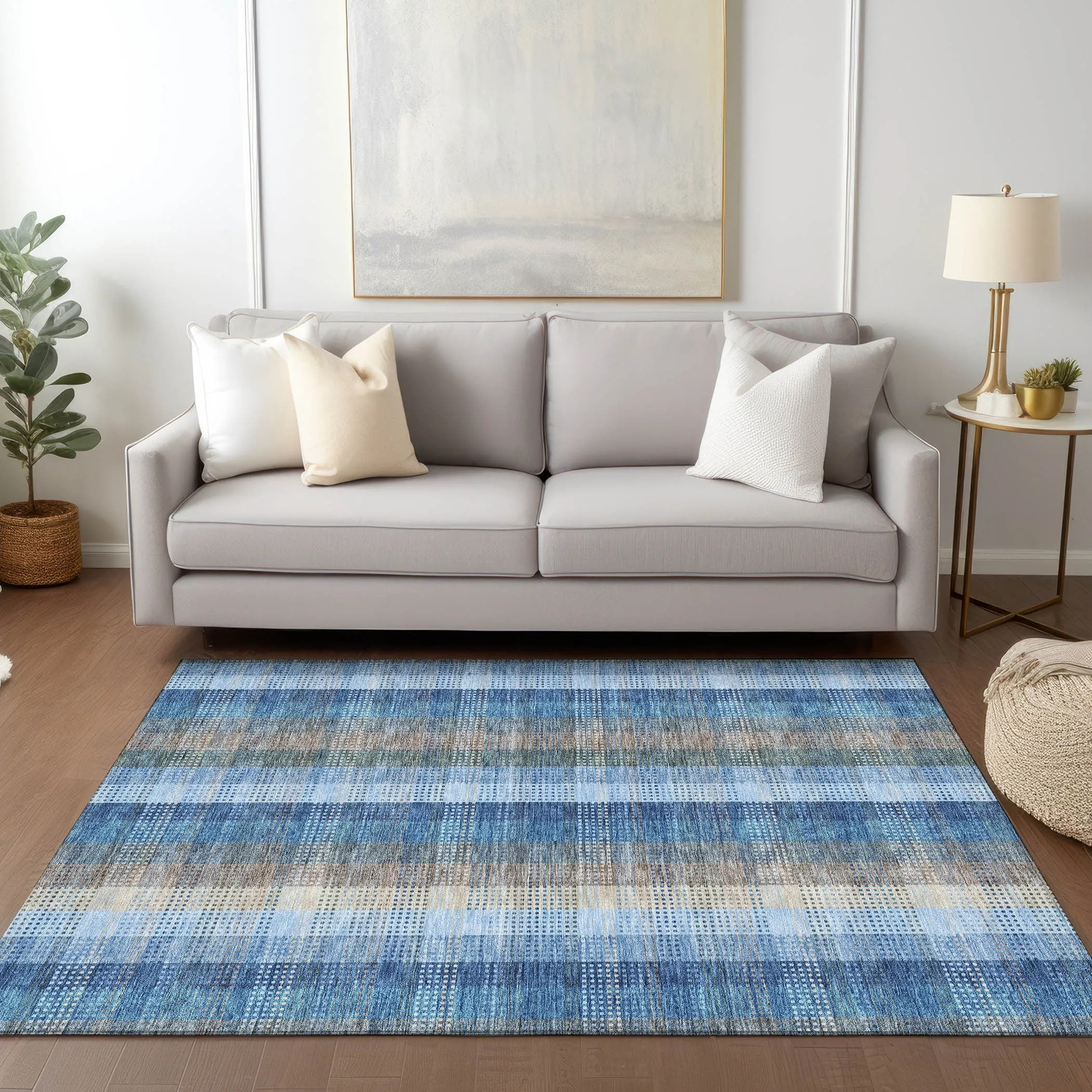 Machine Washable Indoor/ Outdoor Modern Plaid Chantille Rug