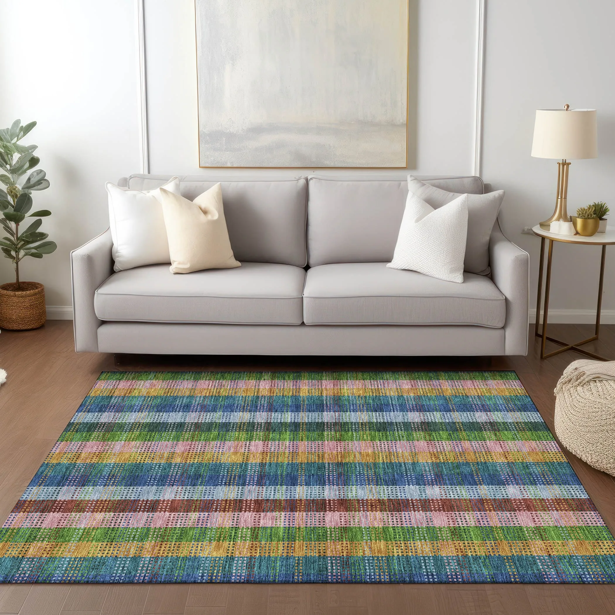 Machine Washable Indoor/ Outdoor Modern Plaid Chantille Rug