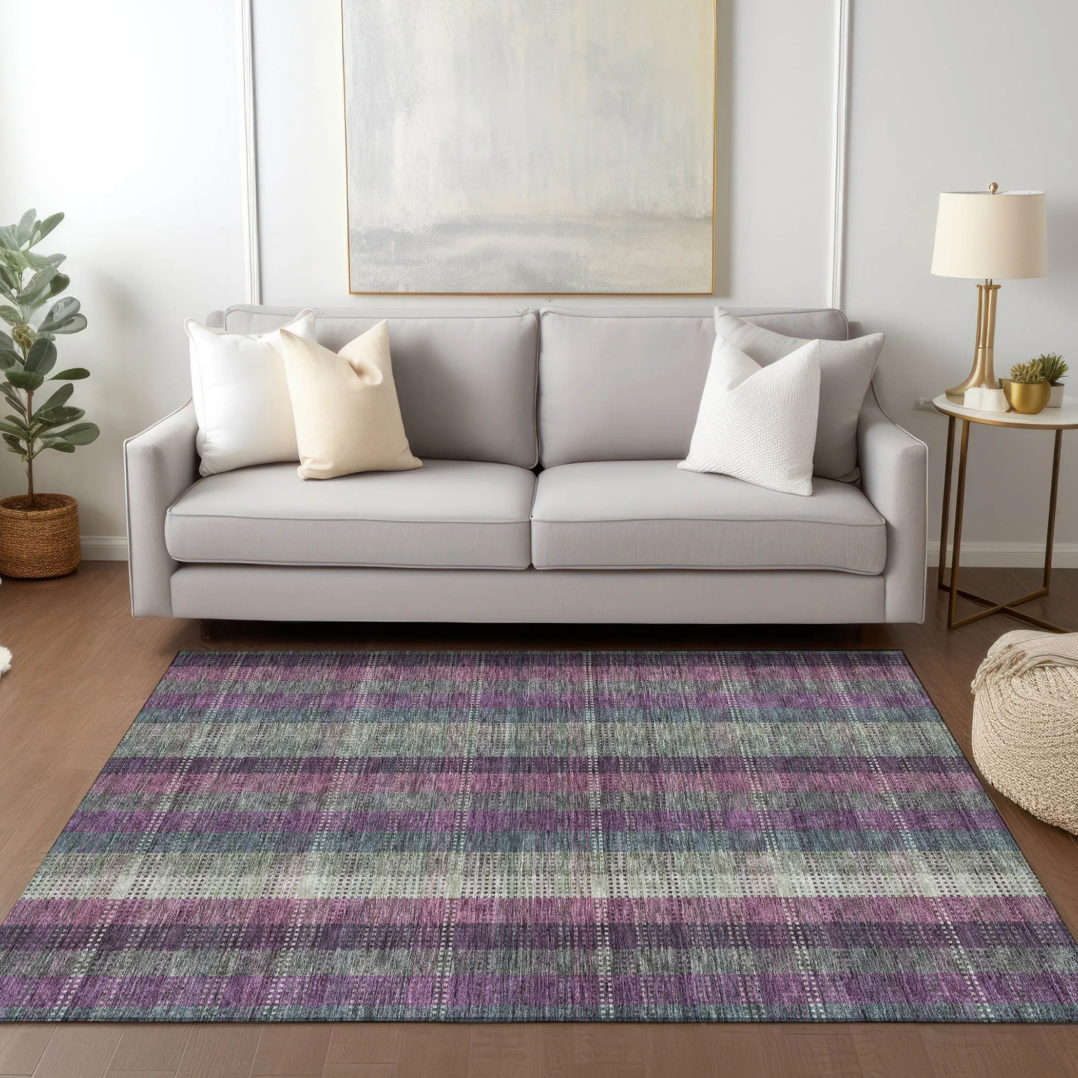Machine Washable Indoor/ Outdoor Modern Plaid Chantille Rug