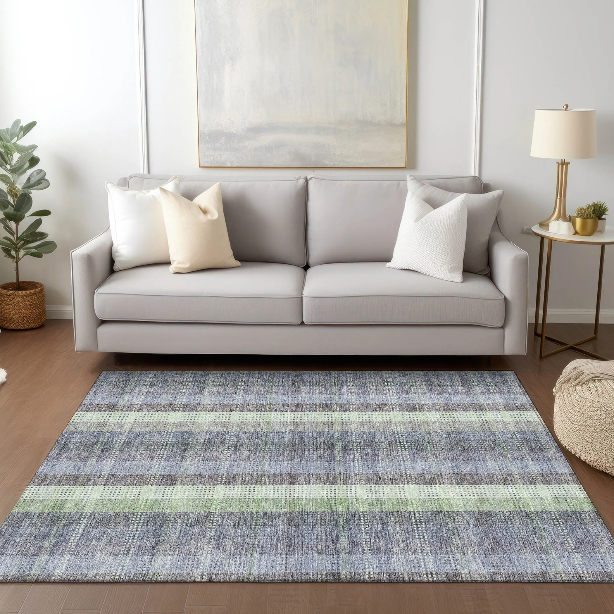 Machine Washable Indoor/ Outdoor Modern Plaid Chantille Rug
