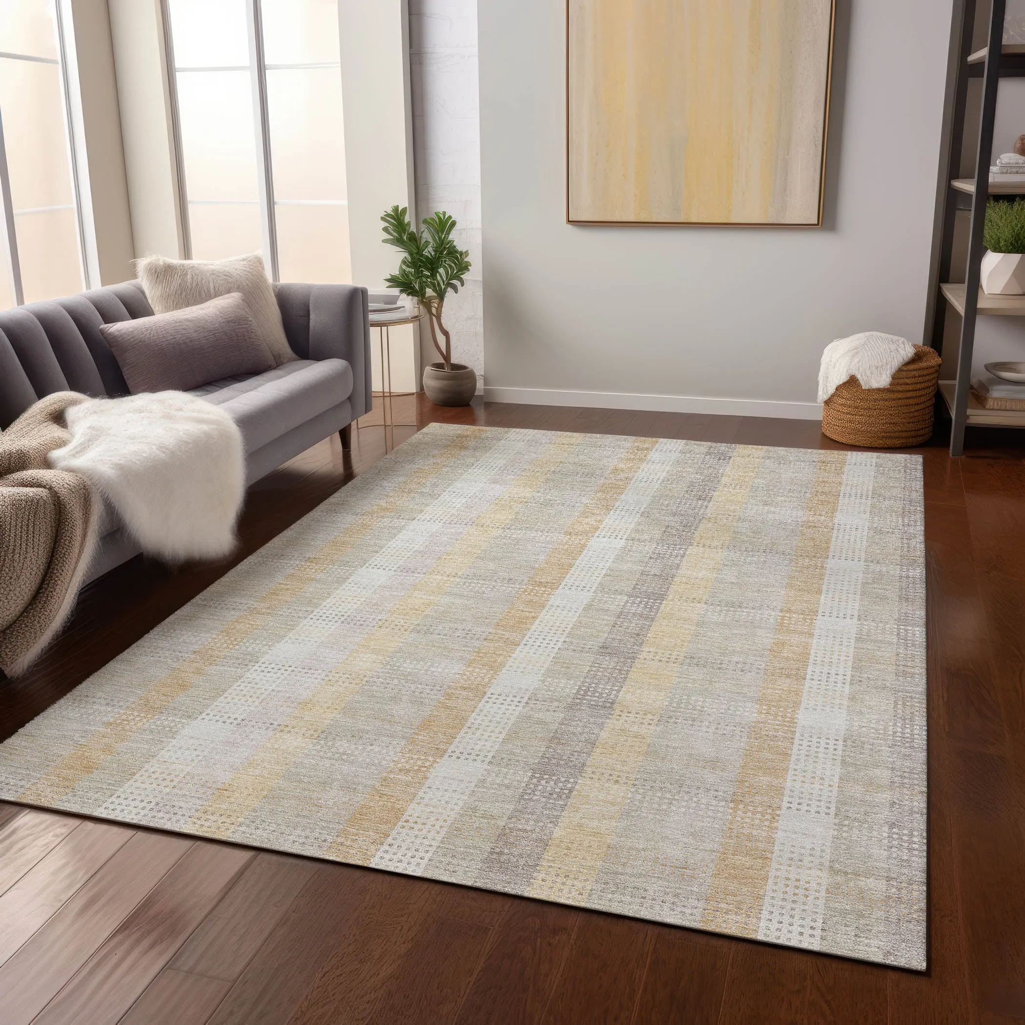 Machine Washable Indoor/ Outdoor Modern Plaid Chantille Rug