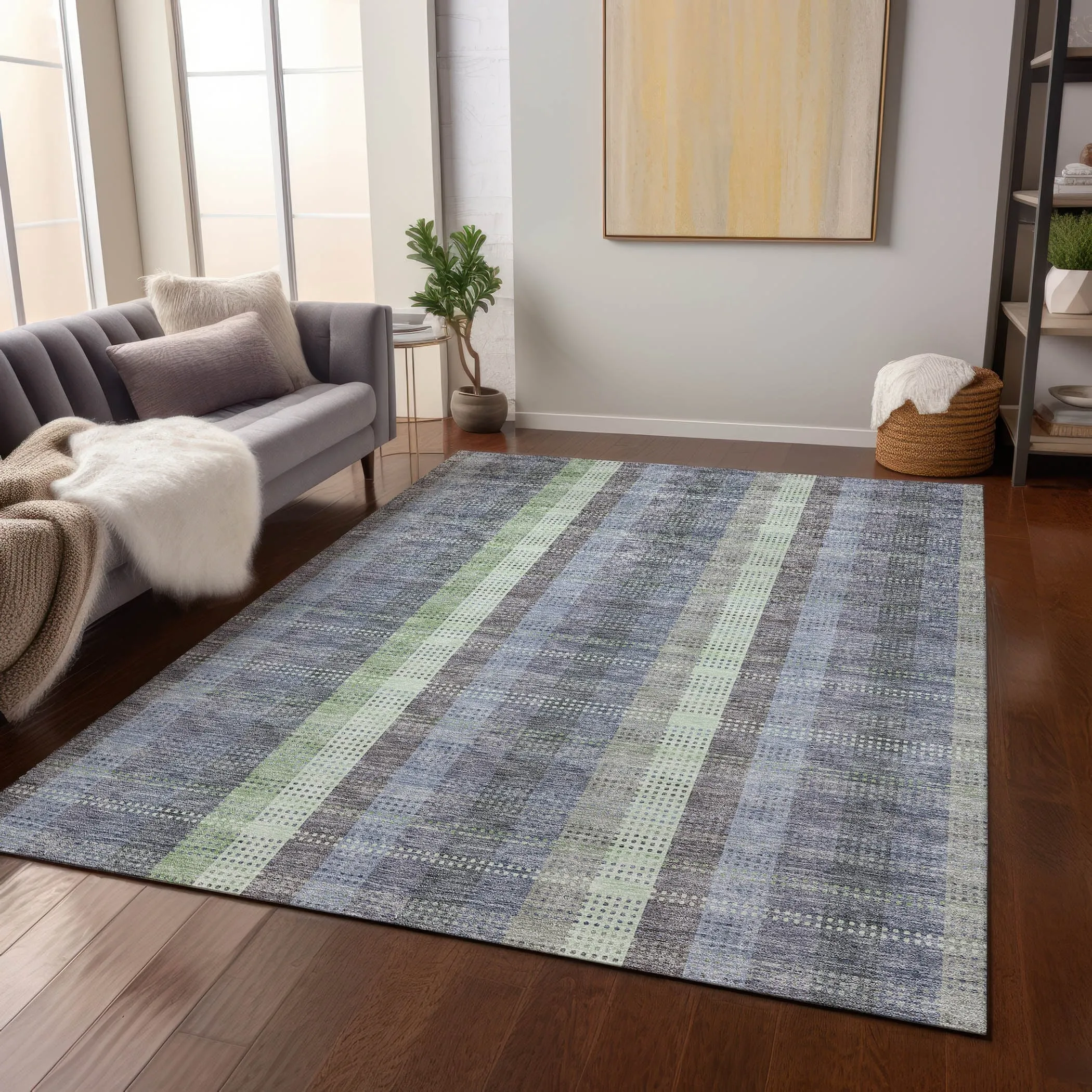 Machine Washable Indoor/ Outdoor Modern Plaid Chantille Rug