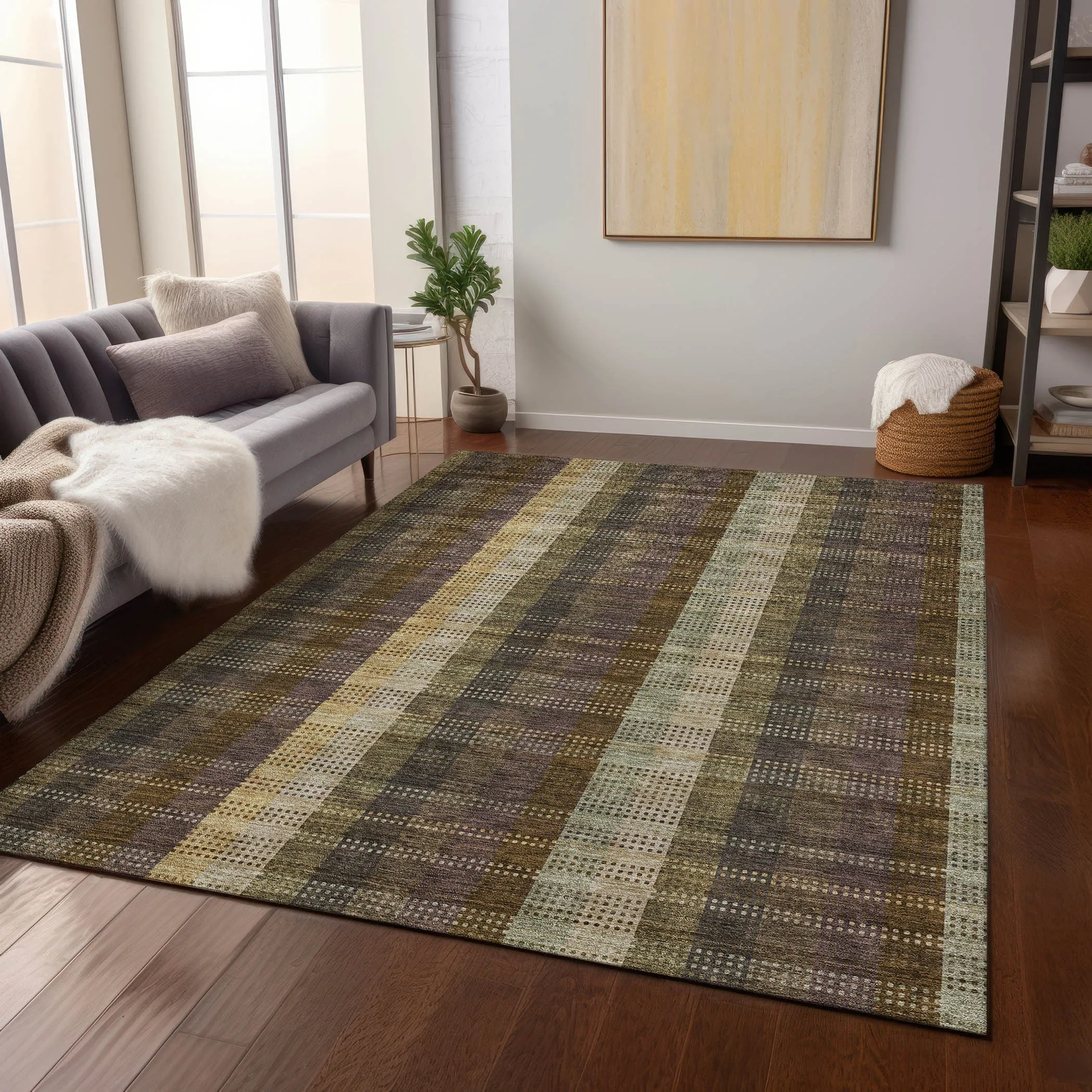 Machine Washable Indoor/ Outdoor Modern Plaid Chantille Rug