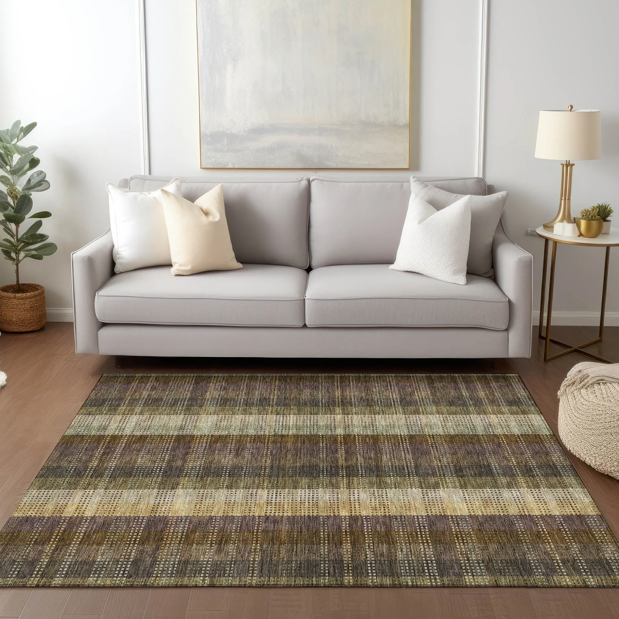 Machine Washable Indoor/ Outdoor Modern Plaid Chantille Rug