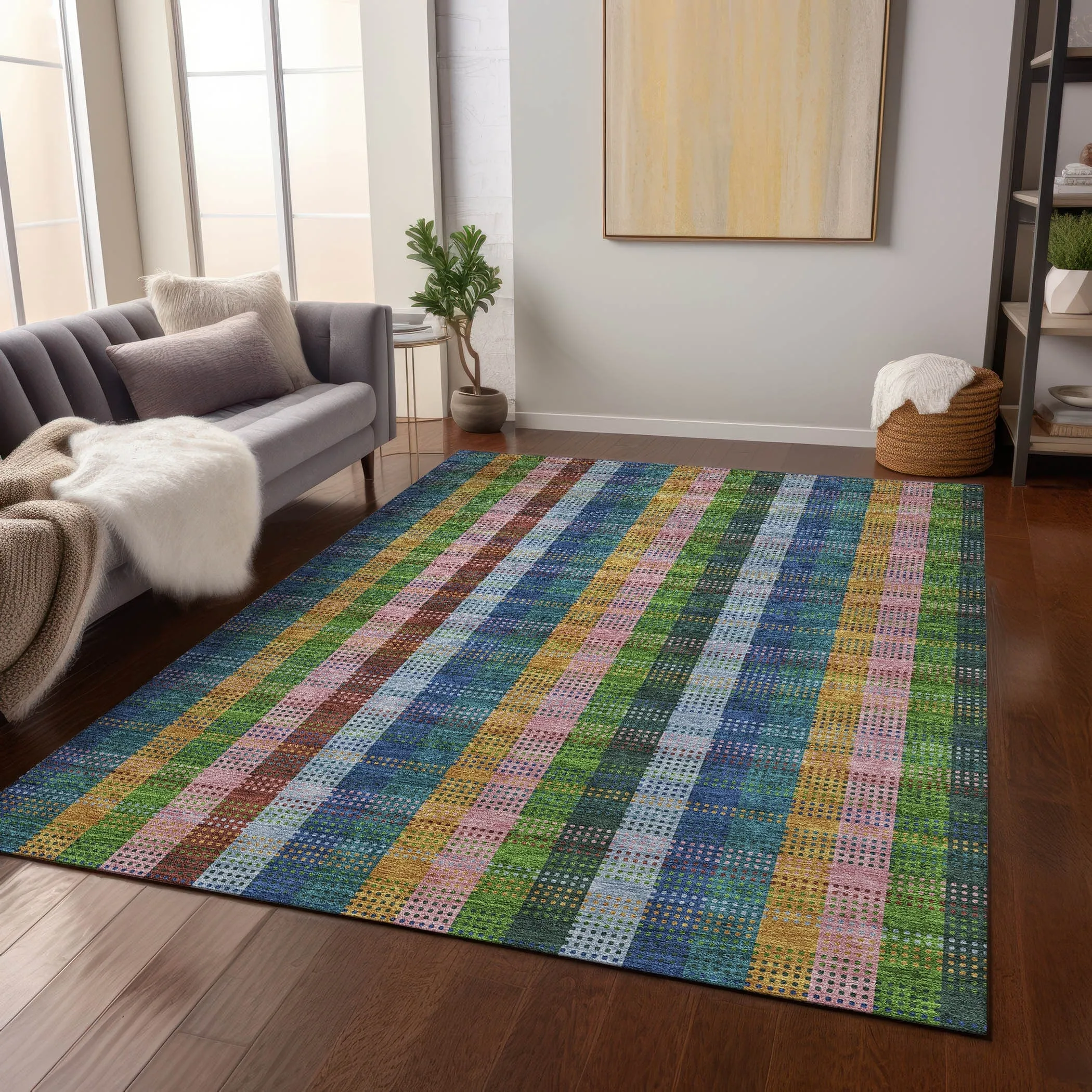 Machine Washable Indoor/ Outdoor Modern Plaid Chantille Rug