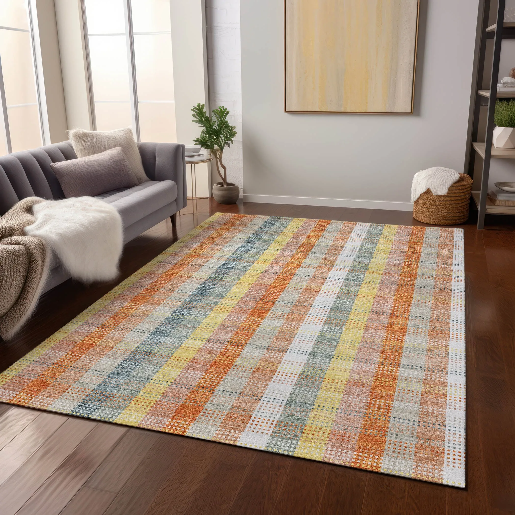 Machine Washable Indoor/ Outdoor Modern Plaid Chantille Rug