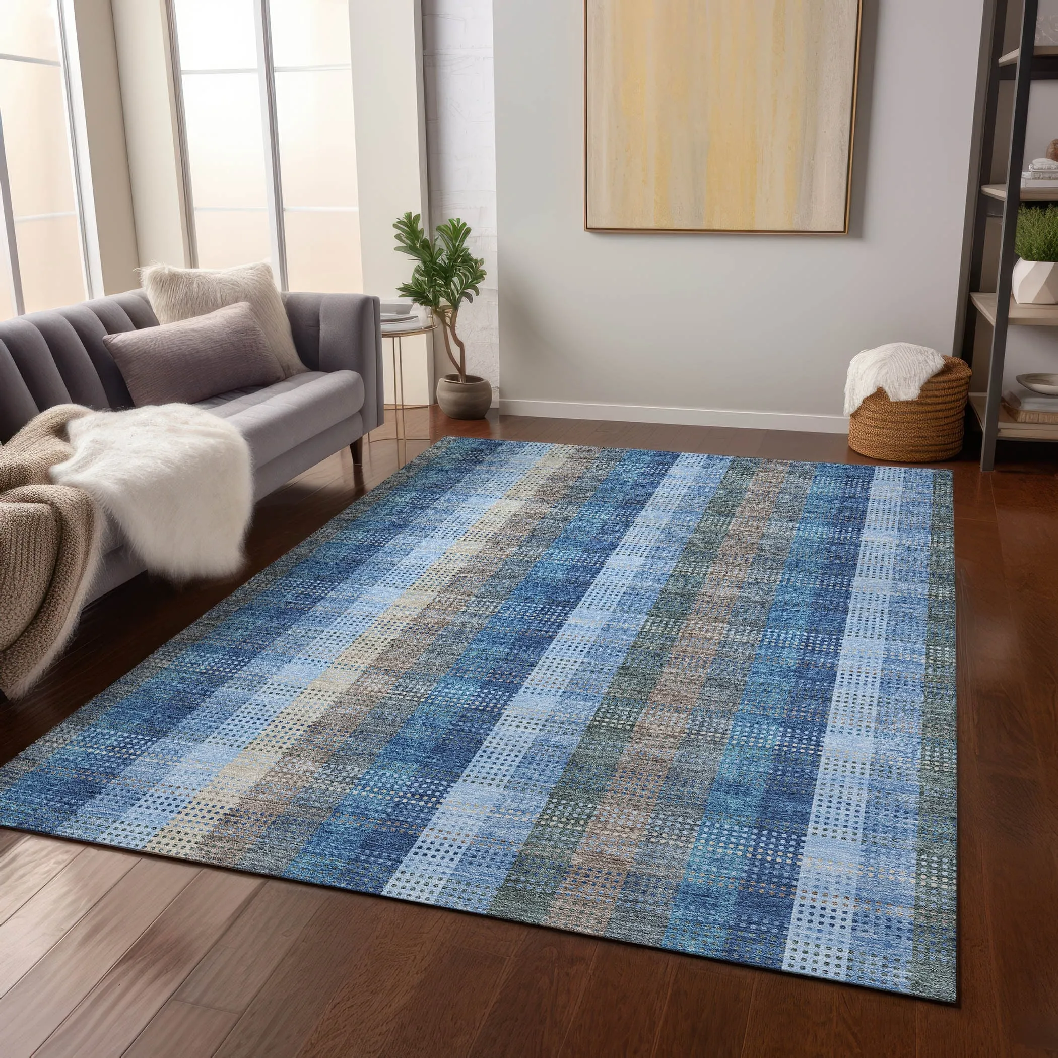 Machine Washable Indoor/ Outdoor Modern Plaid Chantille Rug