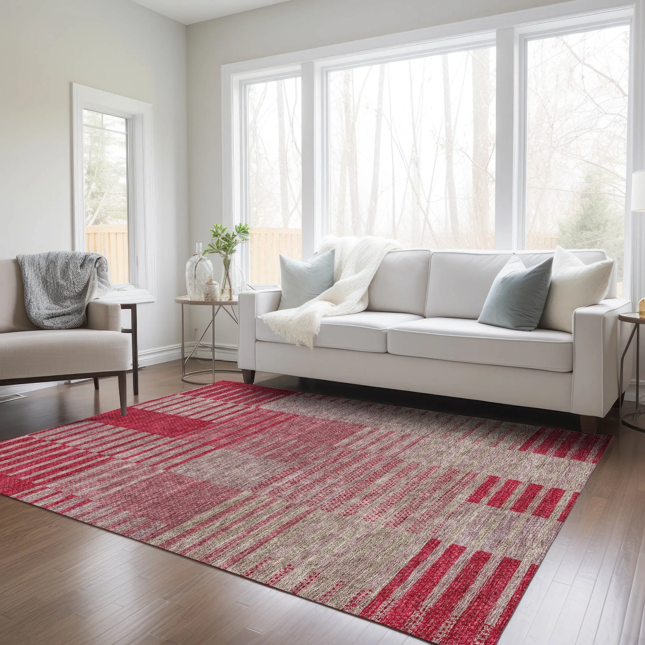 Machine Washable Indoor/ Outdoor Modern Stripes Chantille Rug