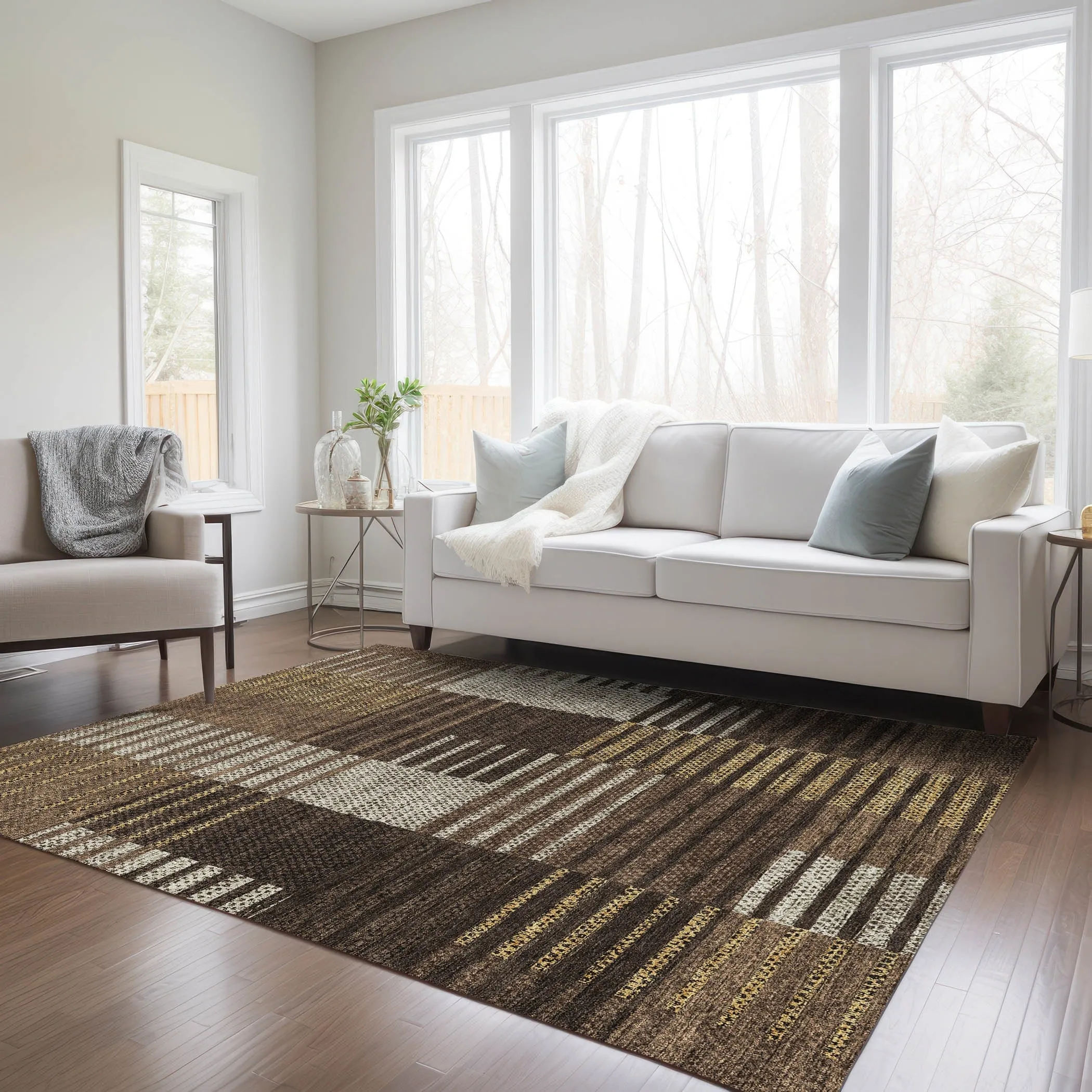 Machine Washable Indoor/ Outdoor Modern Stripes Chantille Rug