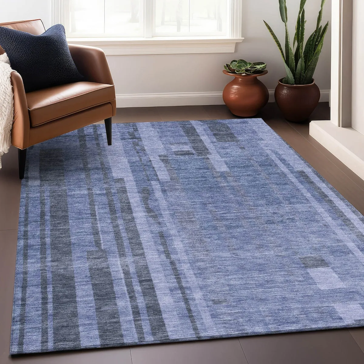 Machine Washable Indoor/ Outdoor Modern Stripes Chantille Rug
