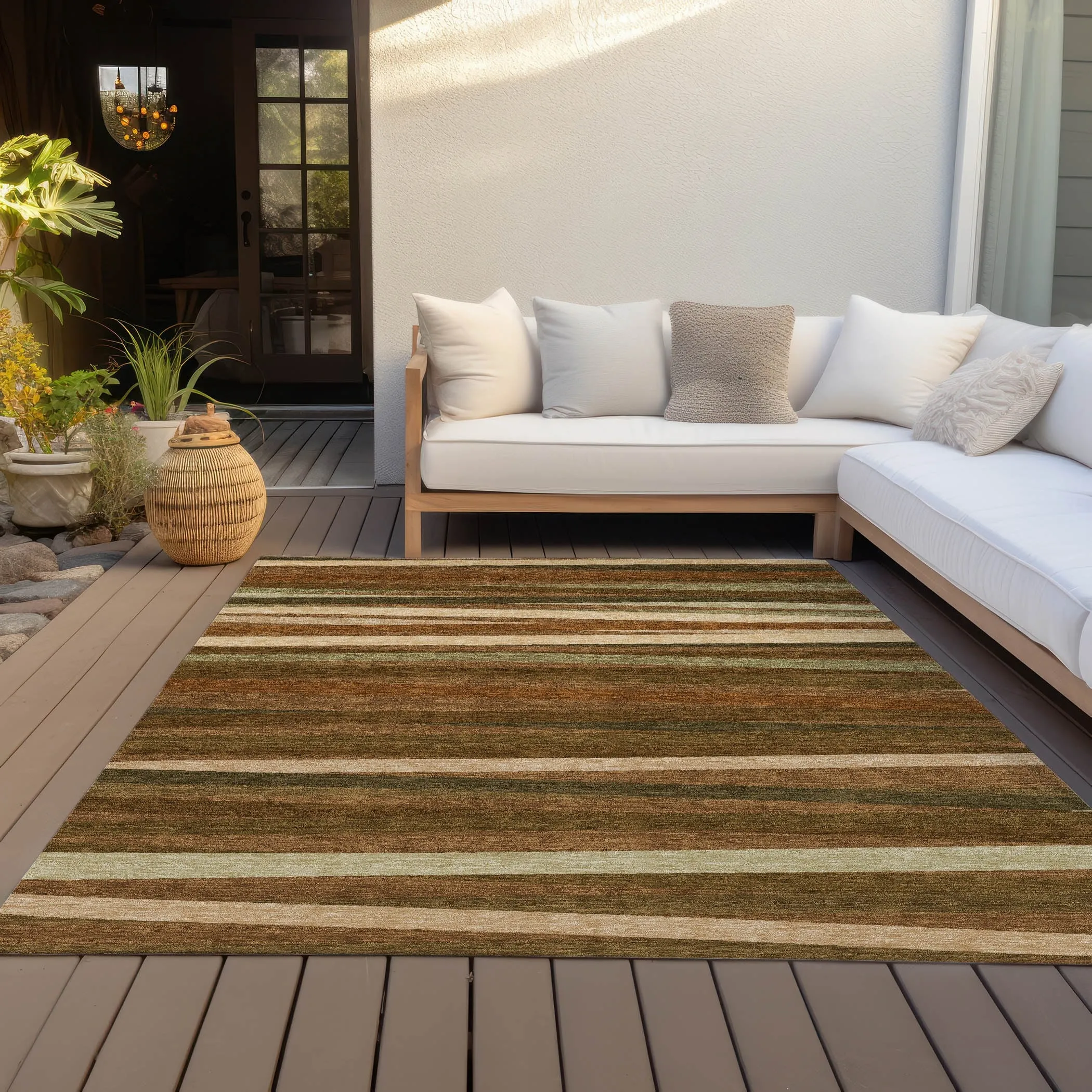 Machine Washable Indoor/ Outdoor Modern Stripes Chantille Rug