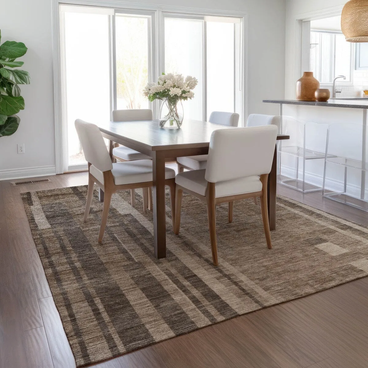 Machine Washable Indoor/ Outdoor Modern Stripes Chantille Rug