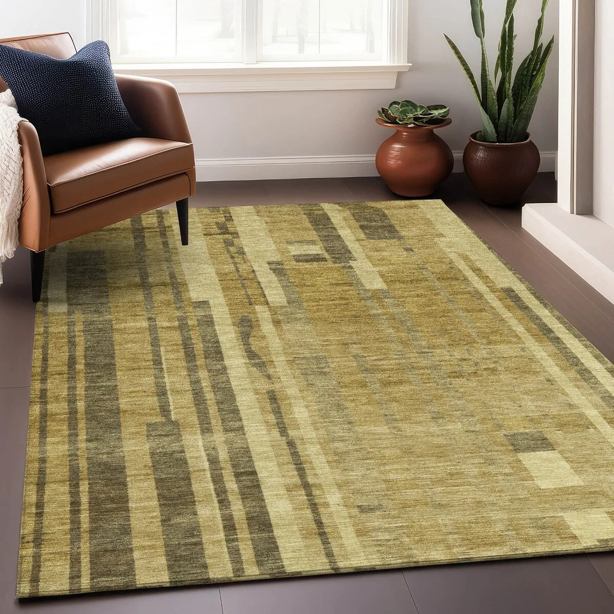 Machine Washable Indoor/ Outdoor Modern Stripes Chantille Rug
