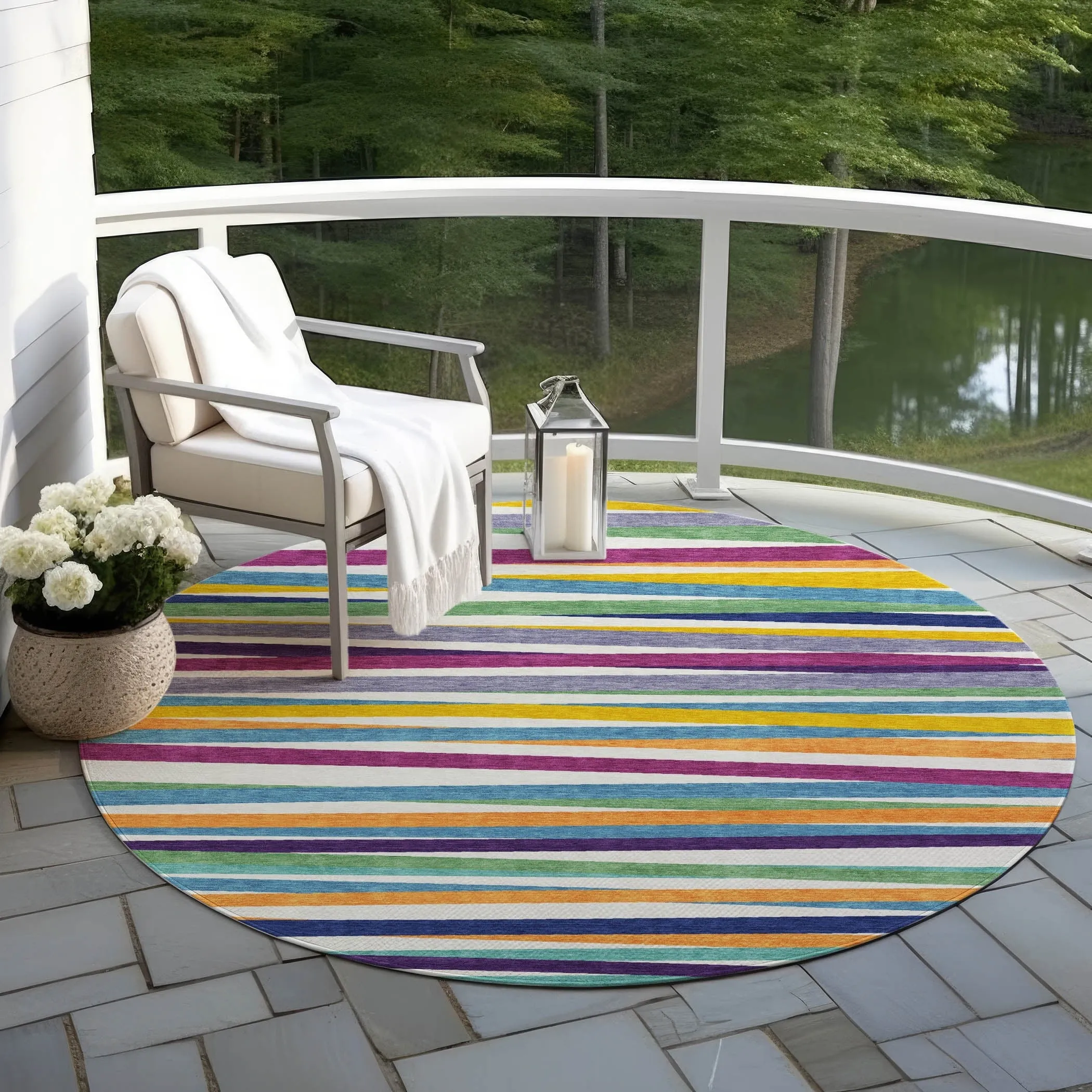 Machine Washable Indoor/ Outdoor Modern Stripes Chantille Rug