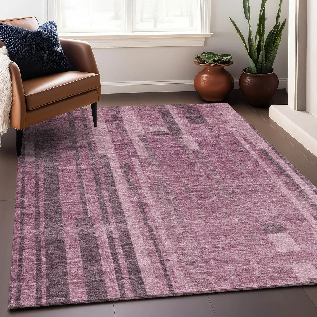 Machine Washable Indoor/ Outdoor Modern Stripes Chantille Rug