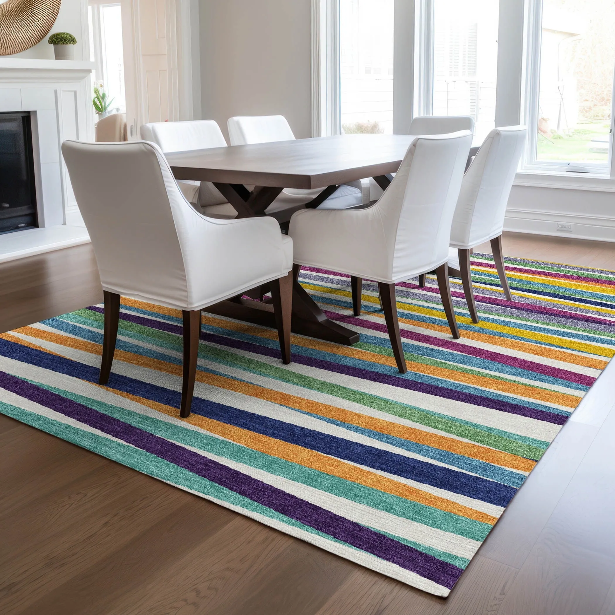 Machine Washable Indoor/ Outdoor Modern Stripes Chantille Rug