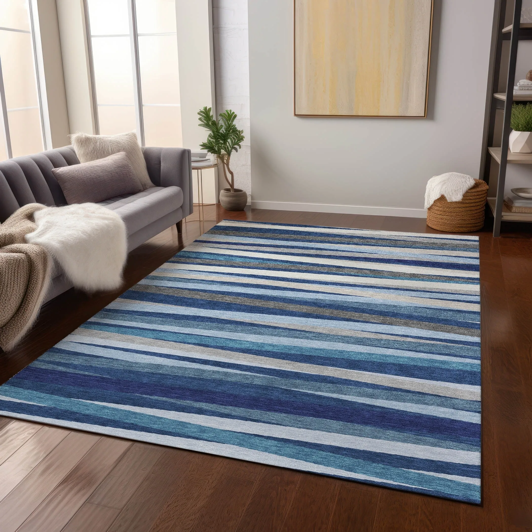 Machine Washable Indoor/ Outdoor Modern Stripes Chantille Rug