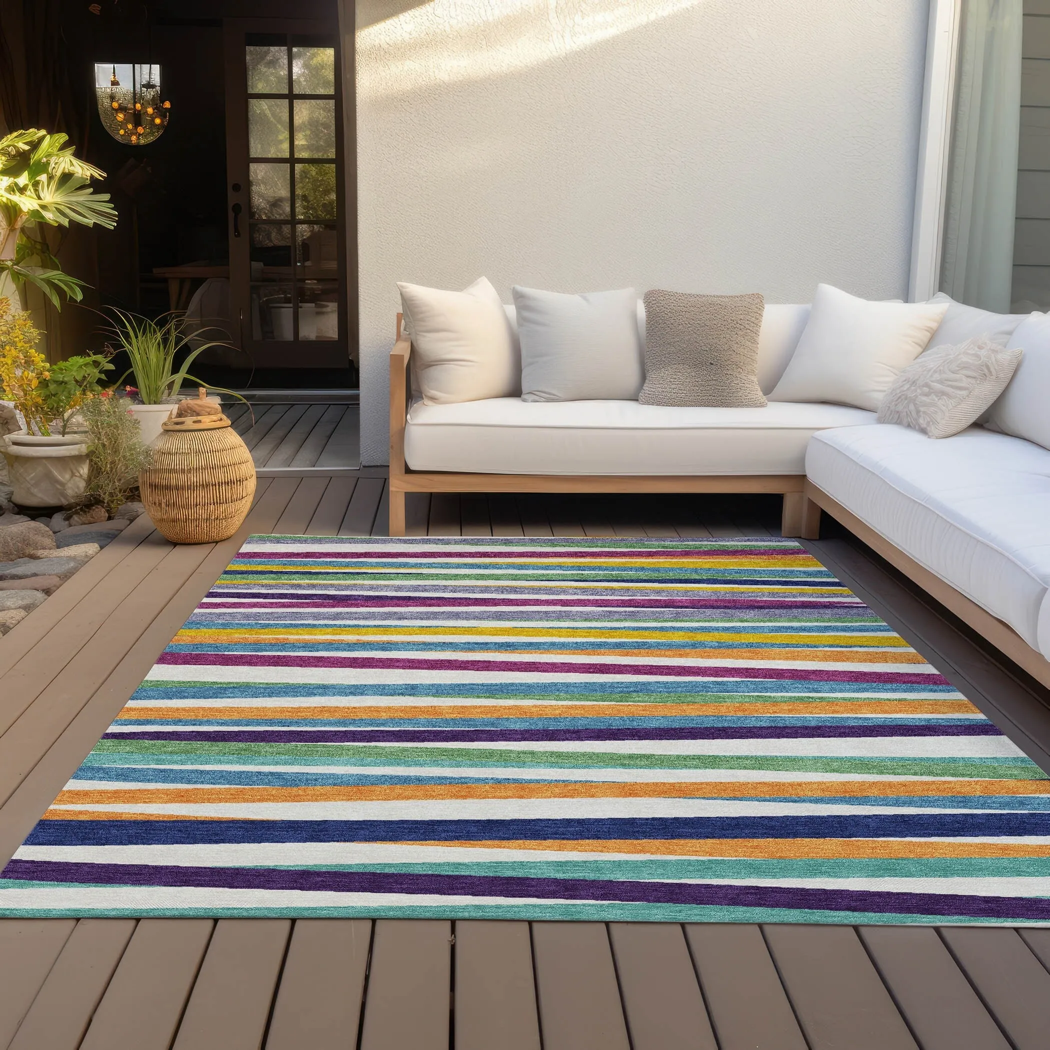 Machine Washable Indoor/ Outdoor Modern Stripes Chantille Rug