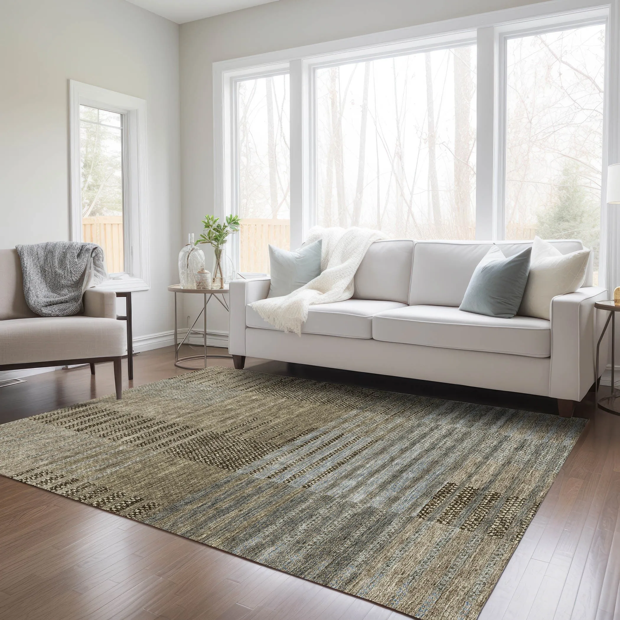 Machine Washable Indoor/ Outdoor Modern Stripes Chantille Rug