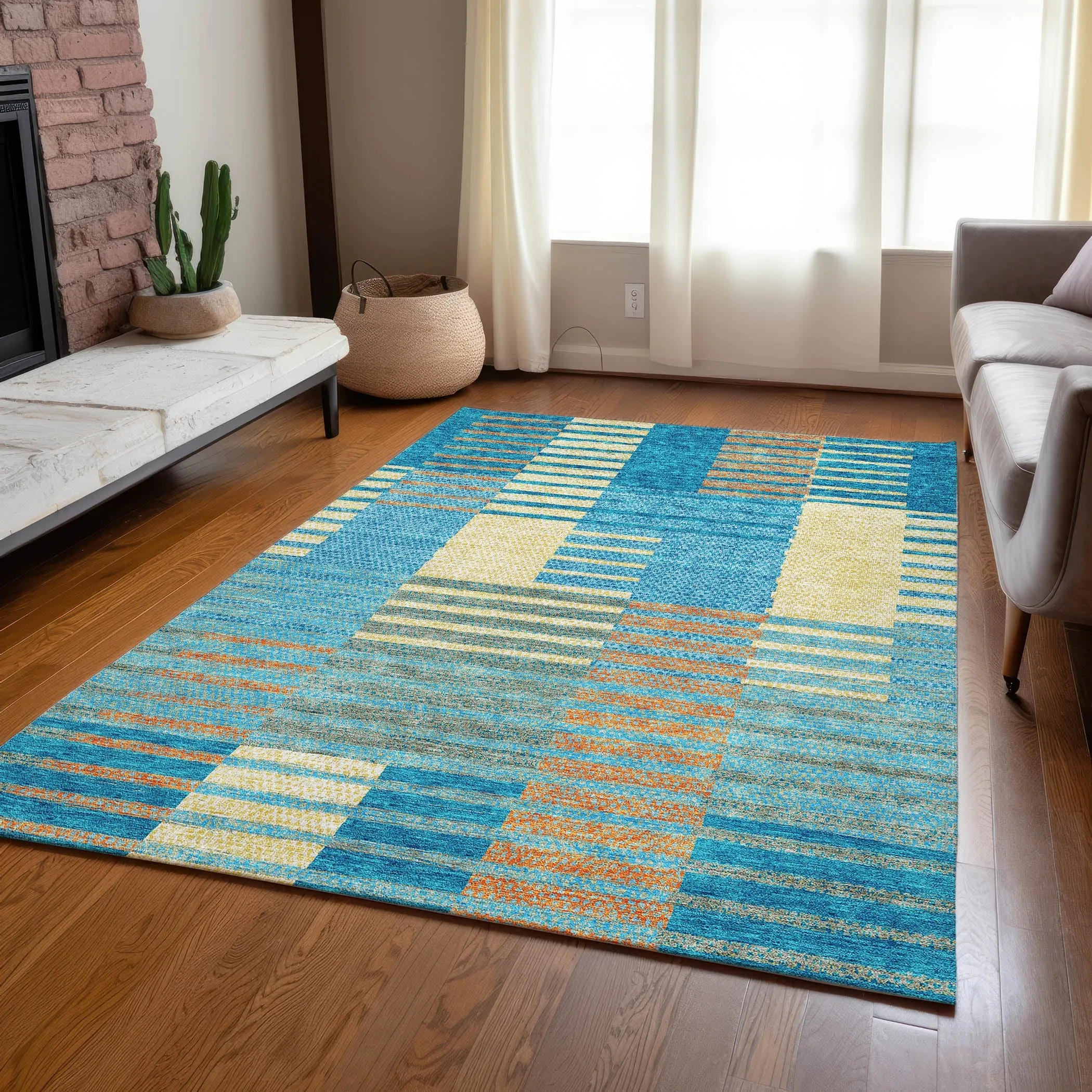 Machine Washable Indoor/ Outdoor Modern Stripes Chantille Rug