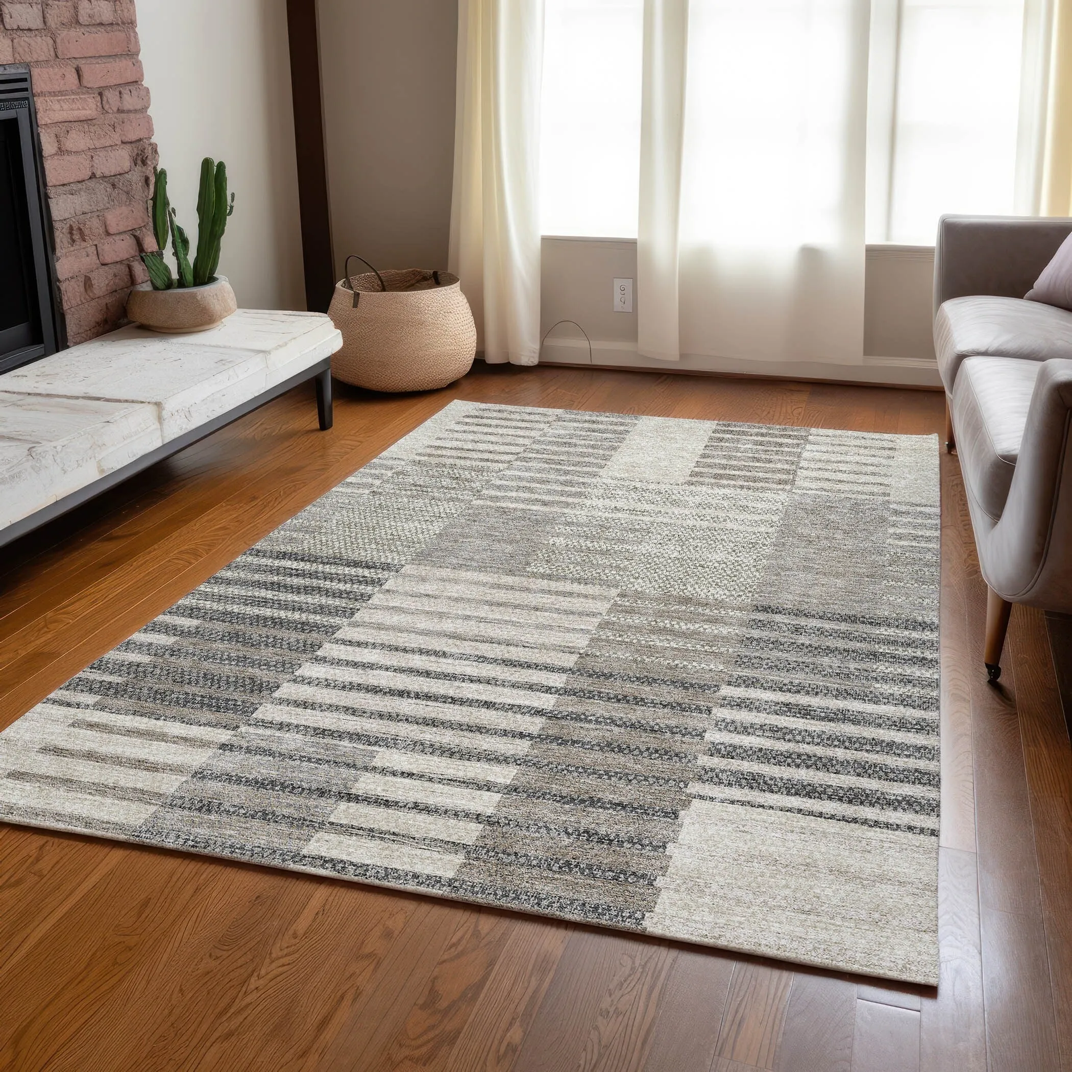 Machine Washable Indoor/ Outdoor Modern Stripes Chantille Rug