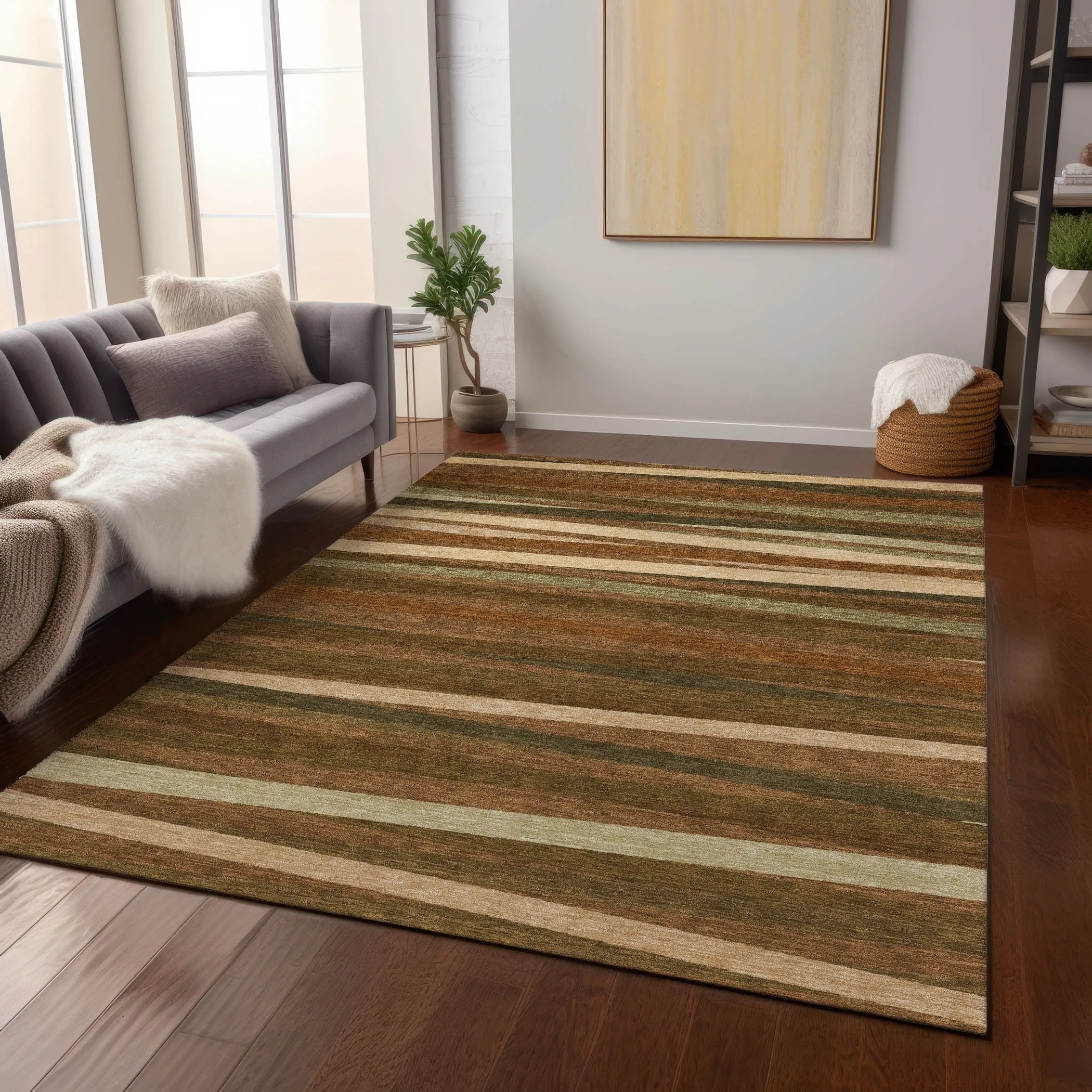 Machine Washable Indoor/ Outdoor Modern Stripes Chantille Rug