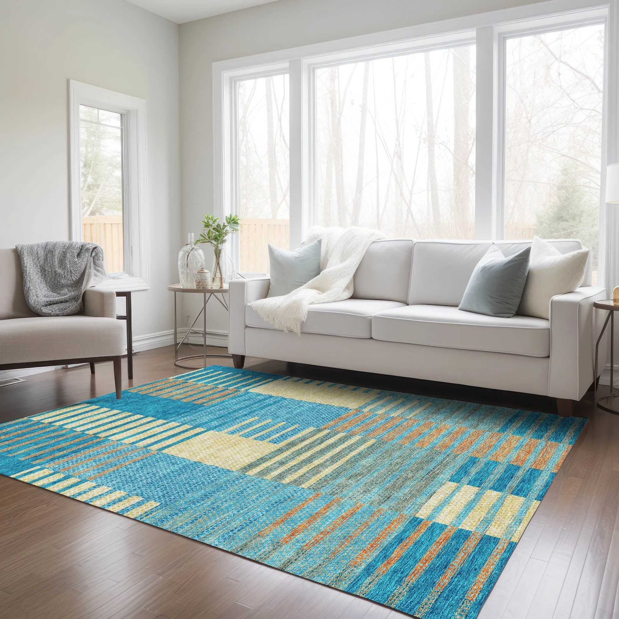 Machine Washable Indoor/ Outdoor Modern Stripes Chantille Rug