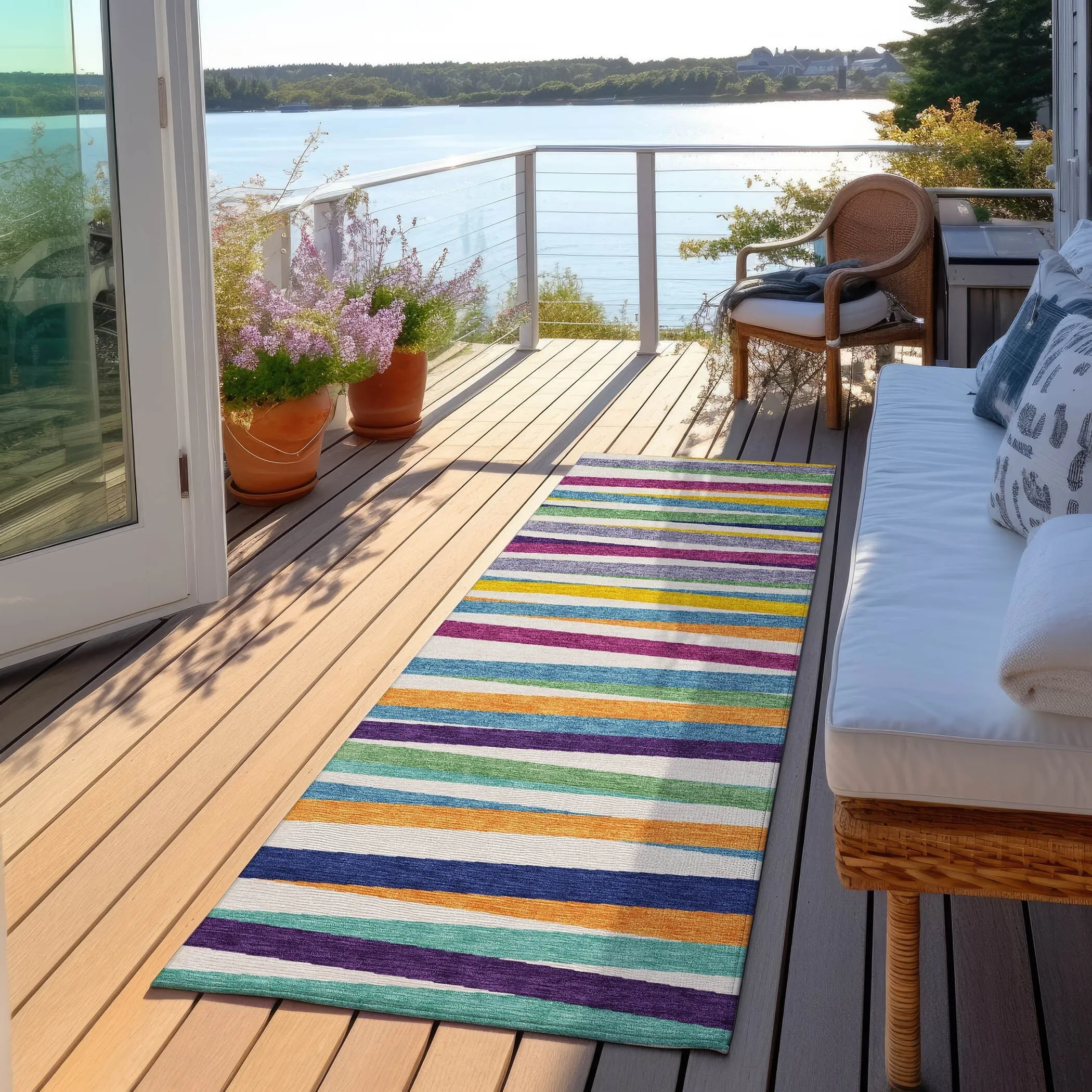 Machine Washable Indoor/ Outdoor Modern Stripes Chantille Rug