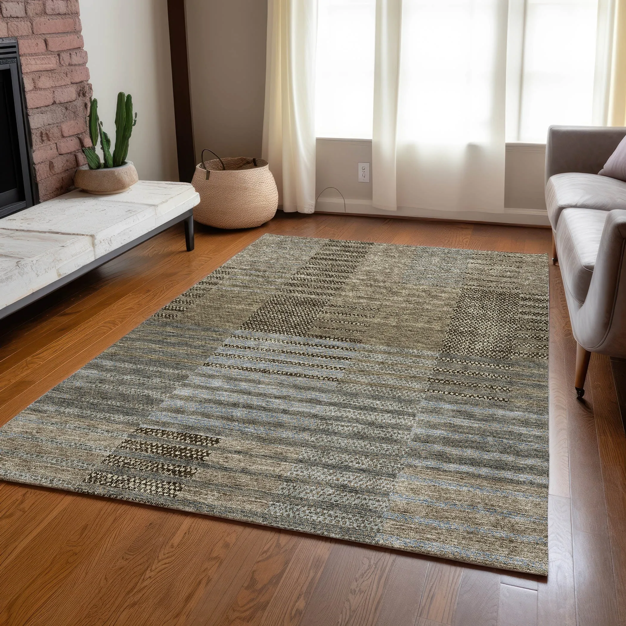 Machine Washable Indoor/ Outdoor Modern Stripes Chantille Rug